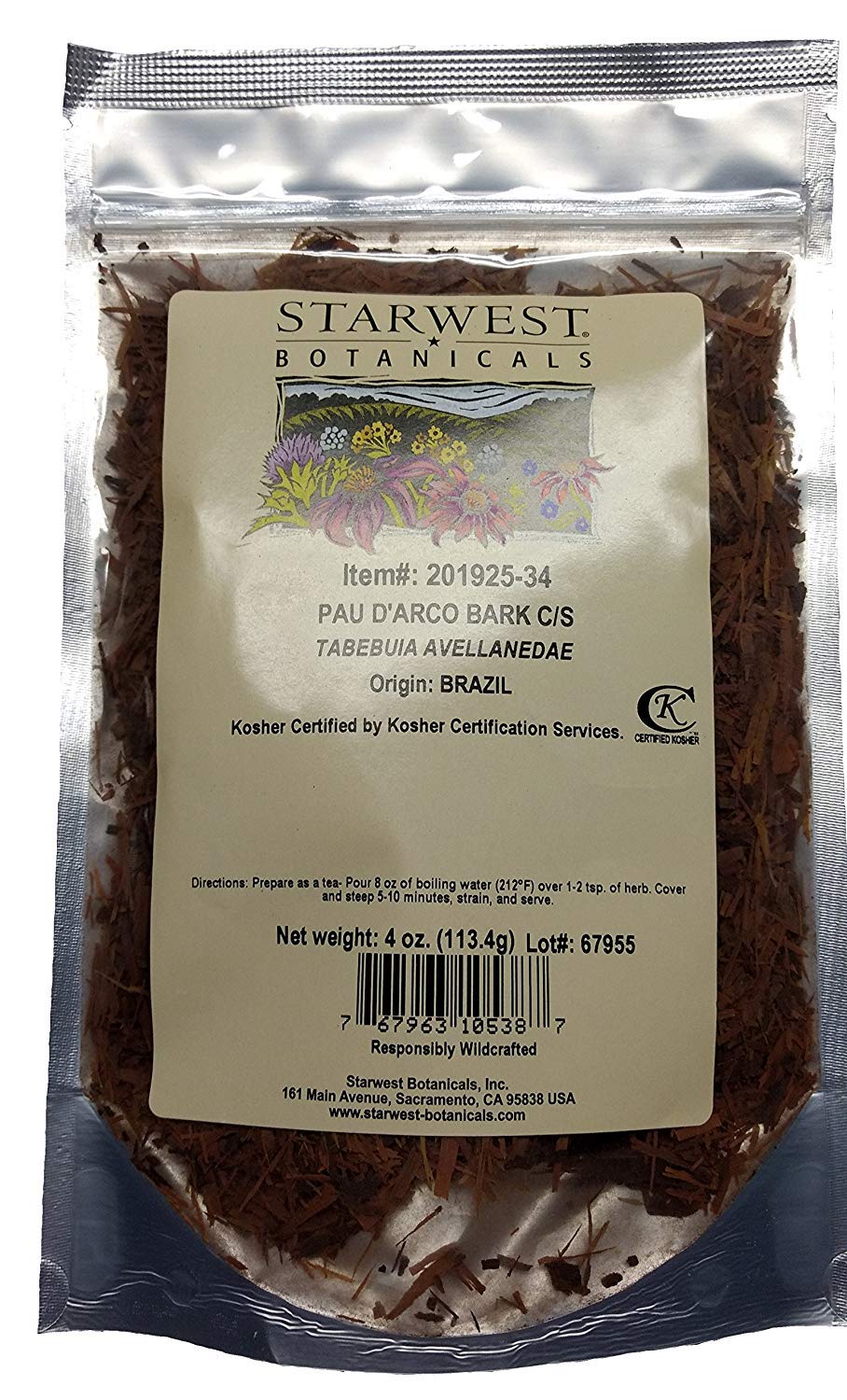 Wildcrafted Pau D'Arco Bark C/S 4 Oz (113 G) - Top Quality by Starwest Botanicals