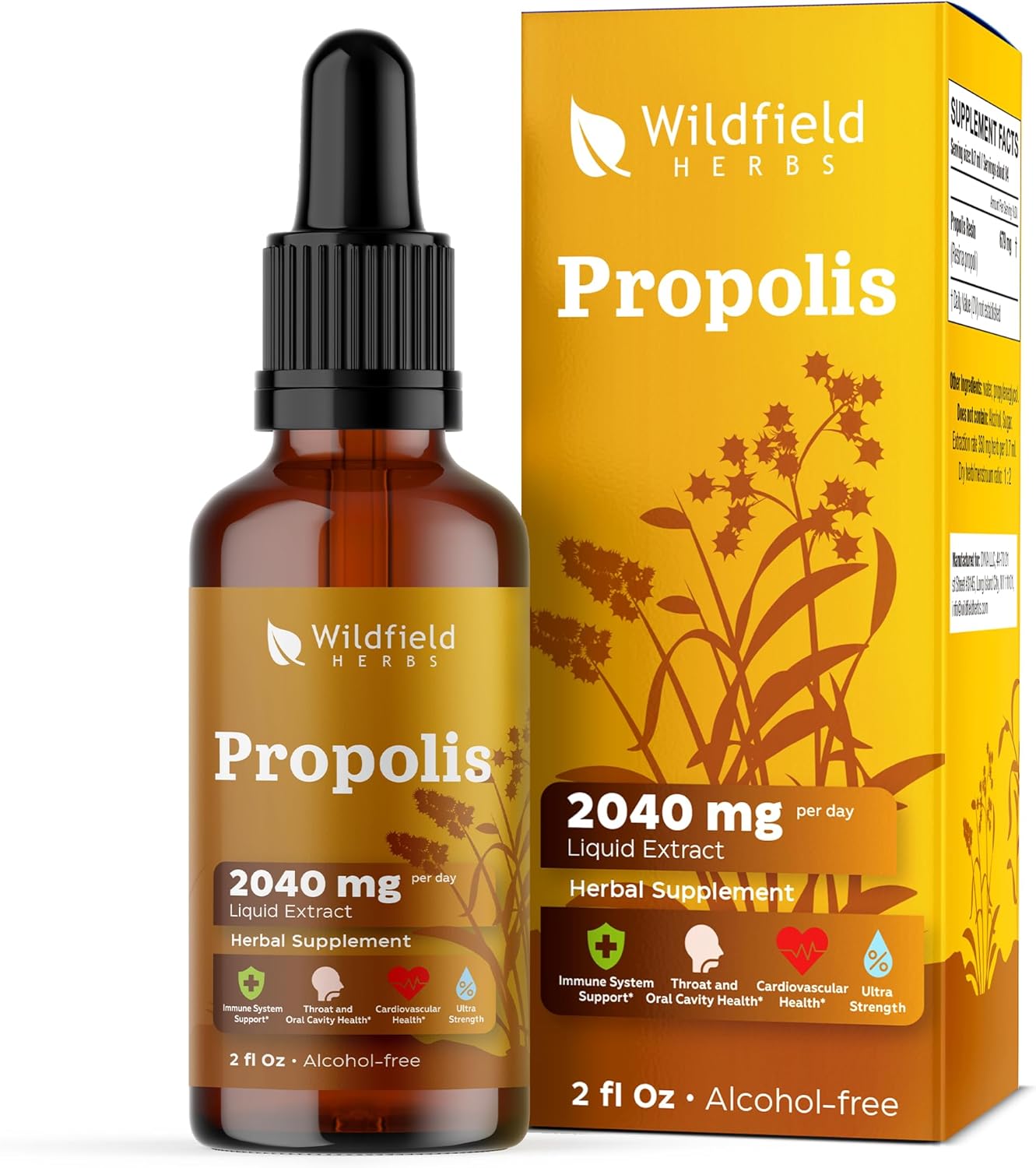 Wildfield Herbs Propolis Extract Drops - 2040mg Tincture Liquid Supplement, Alcohol-Free, 1 Month Supply - 2 Oz, 84 Servings