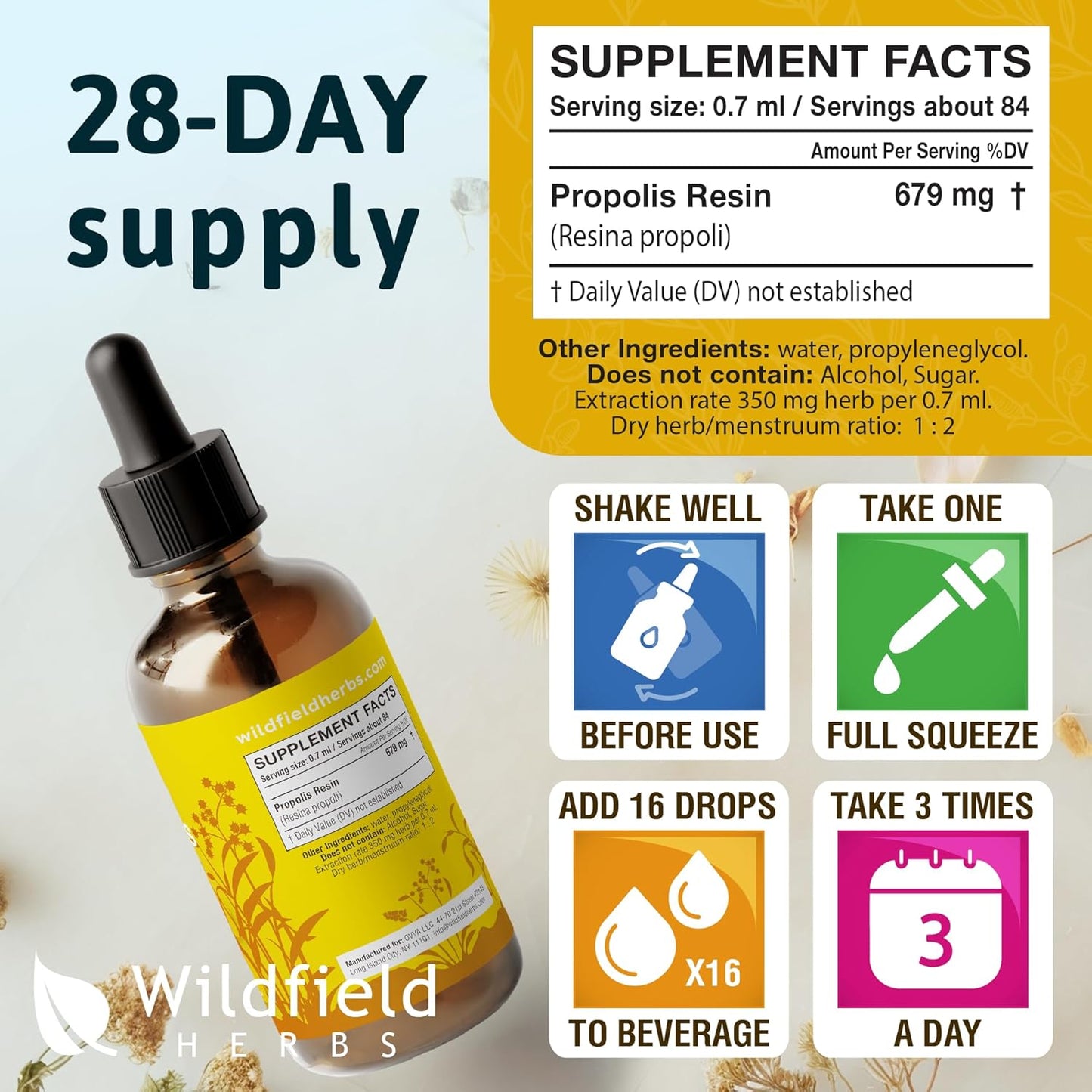 Wildfield Herbs Propolis Extract Drops - 2040mg Tincture Liquid Supplement, Alcohol-Free, 1 Month Supply - 2 Oz, 84 Servings