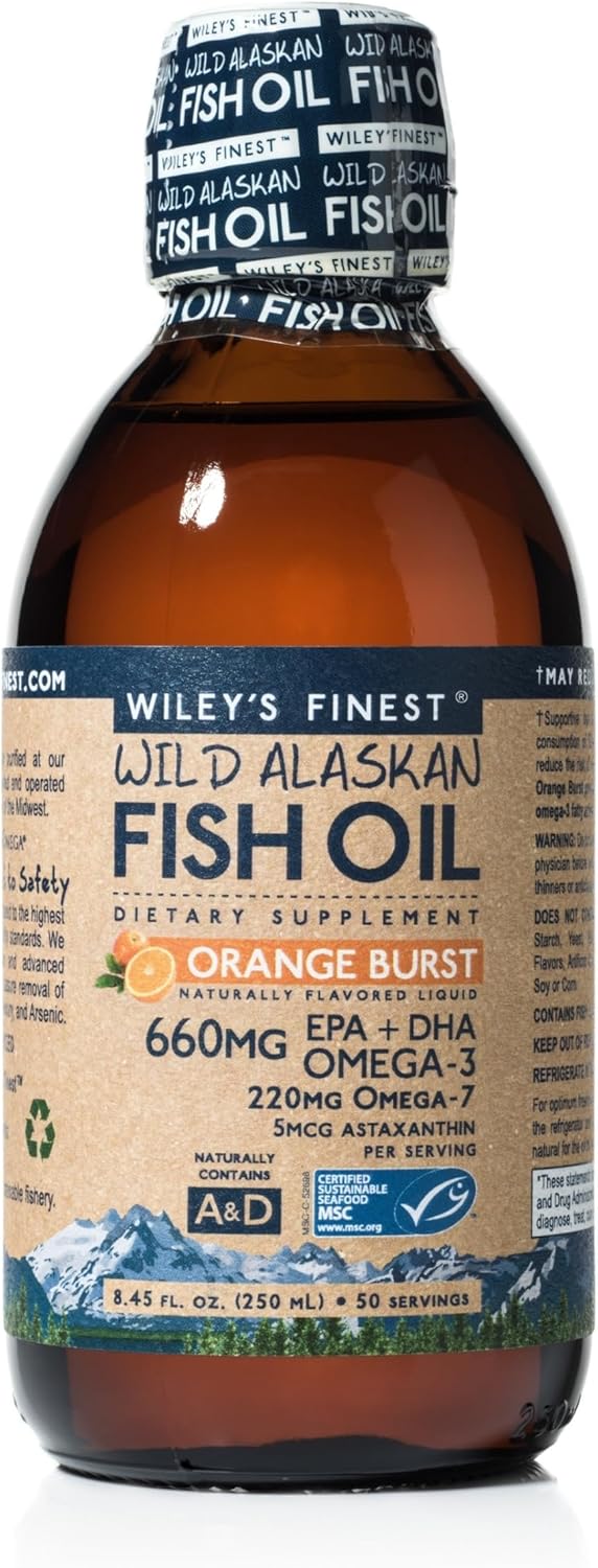 Wiley's Finest Wild Alaskan Fish Oil Orange Burst - Liquid Omega-3 Supplement with 660mg EPA and DHA - Holistic 8.45 oz Bottle (50 Servings)