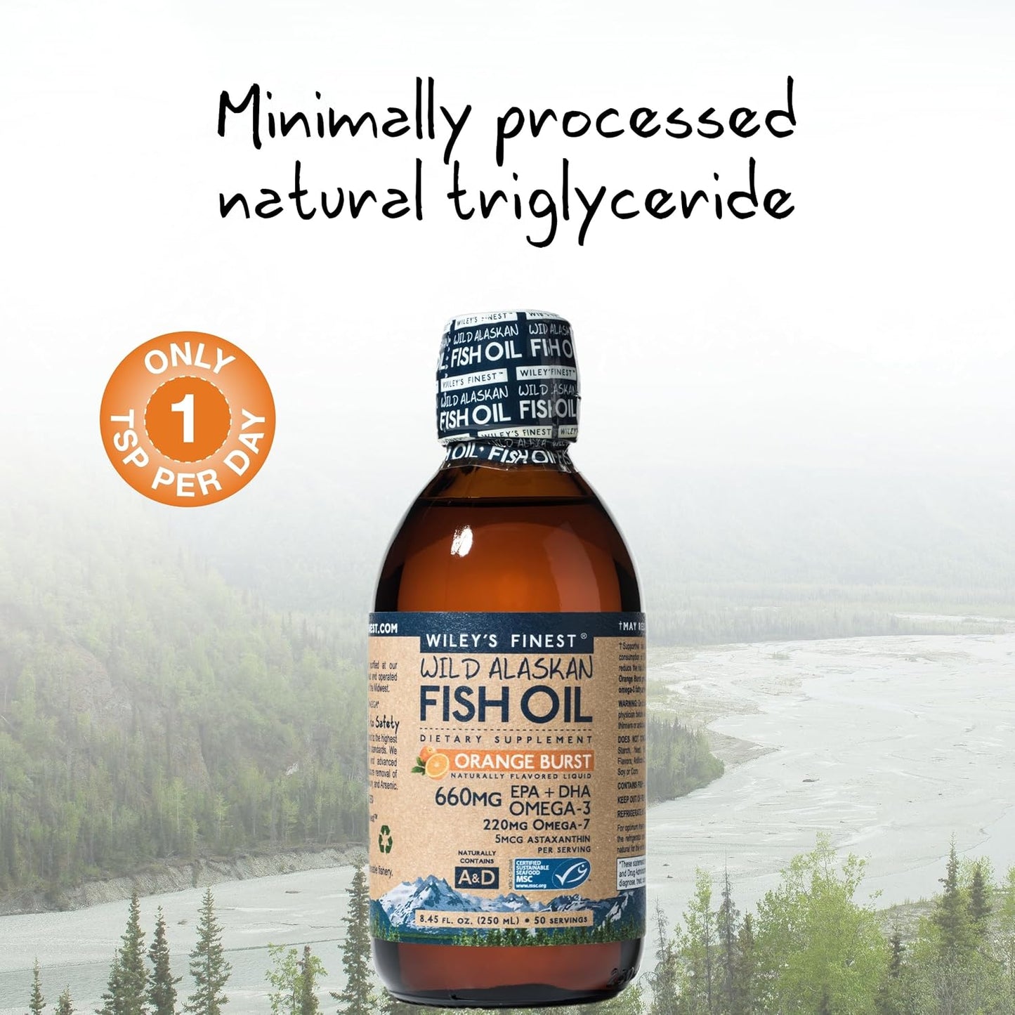 Wiley's Finest Wild Alaskan Fish Oil Orange Burst - Liquid Omega-3 Supplement with 660mg EPA and DHA - Holistic 8.45 oz Bottle (50 Servings)