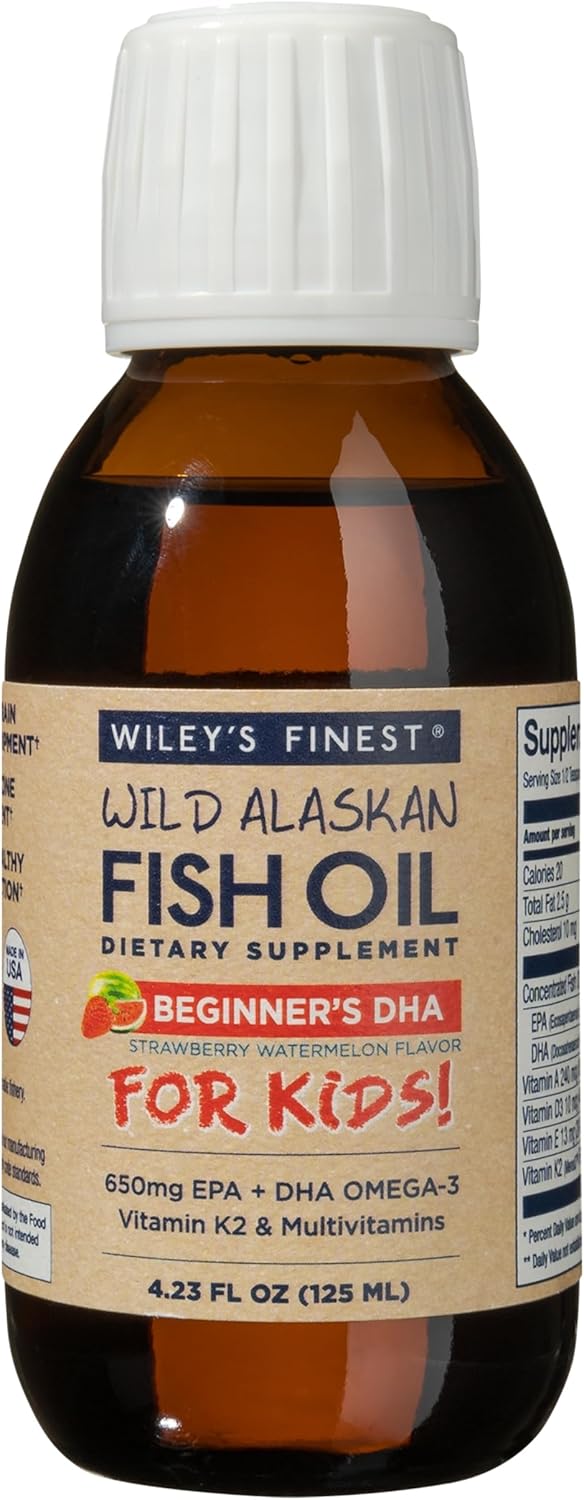 Wiley's Finest Wild Alaskan Kids Liquid Fish Oil Supplement - Strawberry Watermelon Flavor - 650mg of Omega-3s - Ages 1+ - 4.23 Oz