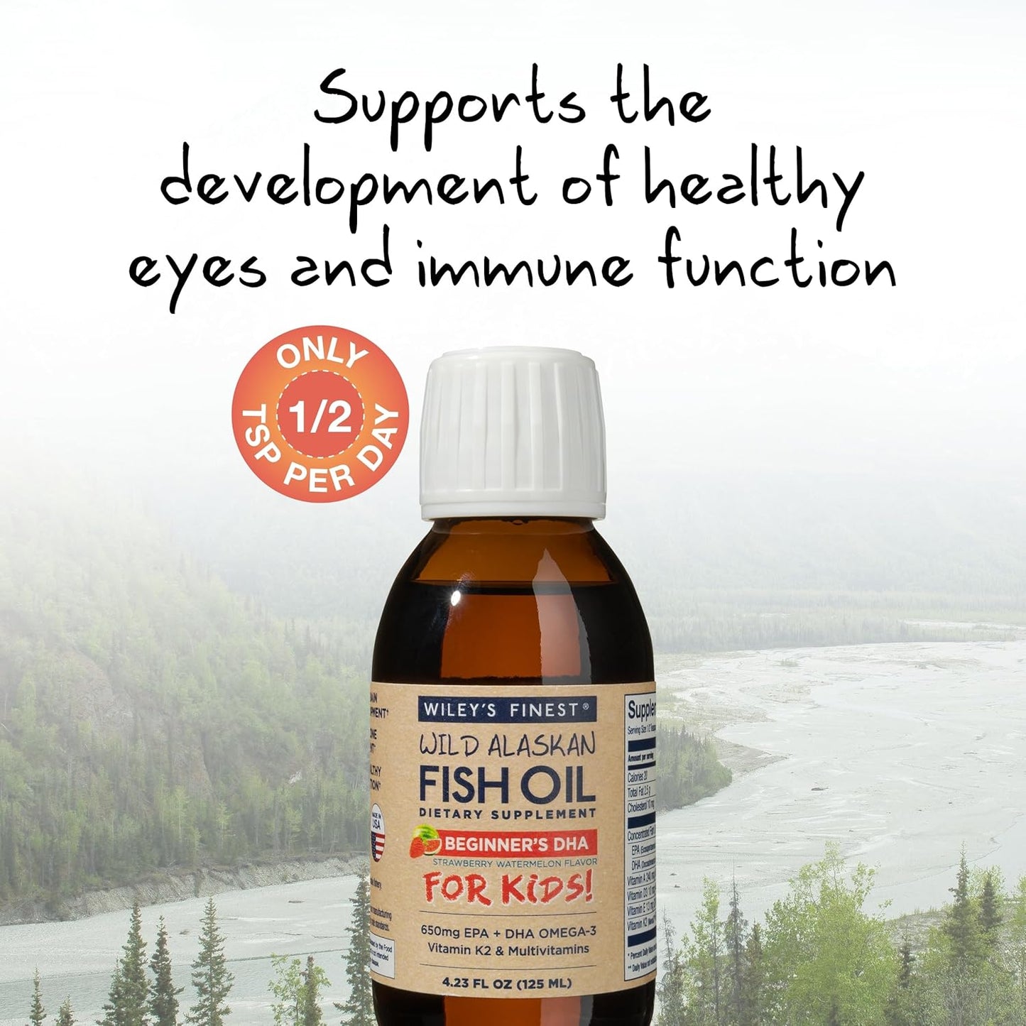 Wiley's Finest Wild Alaskan Kids Liquid Fish Oil Supplement - Strawberry Watermelon Flavor - 650mg of Omega-3s - Ages 1+ - 4.23 Oz