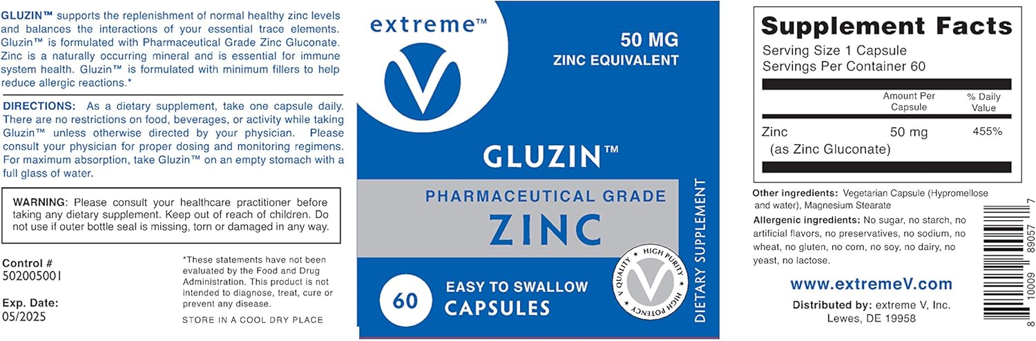 Wilson's Most Trusted Extreme V Gluzin - Pharmaceutical Grade Zinc Capsules, 50mg - 60 Count