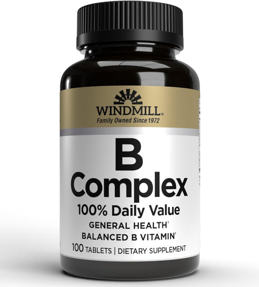 Windmill Natural Vitamins B Complex - 100 Tablets, 100 Servings, Enhance Energy and Metabolism