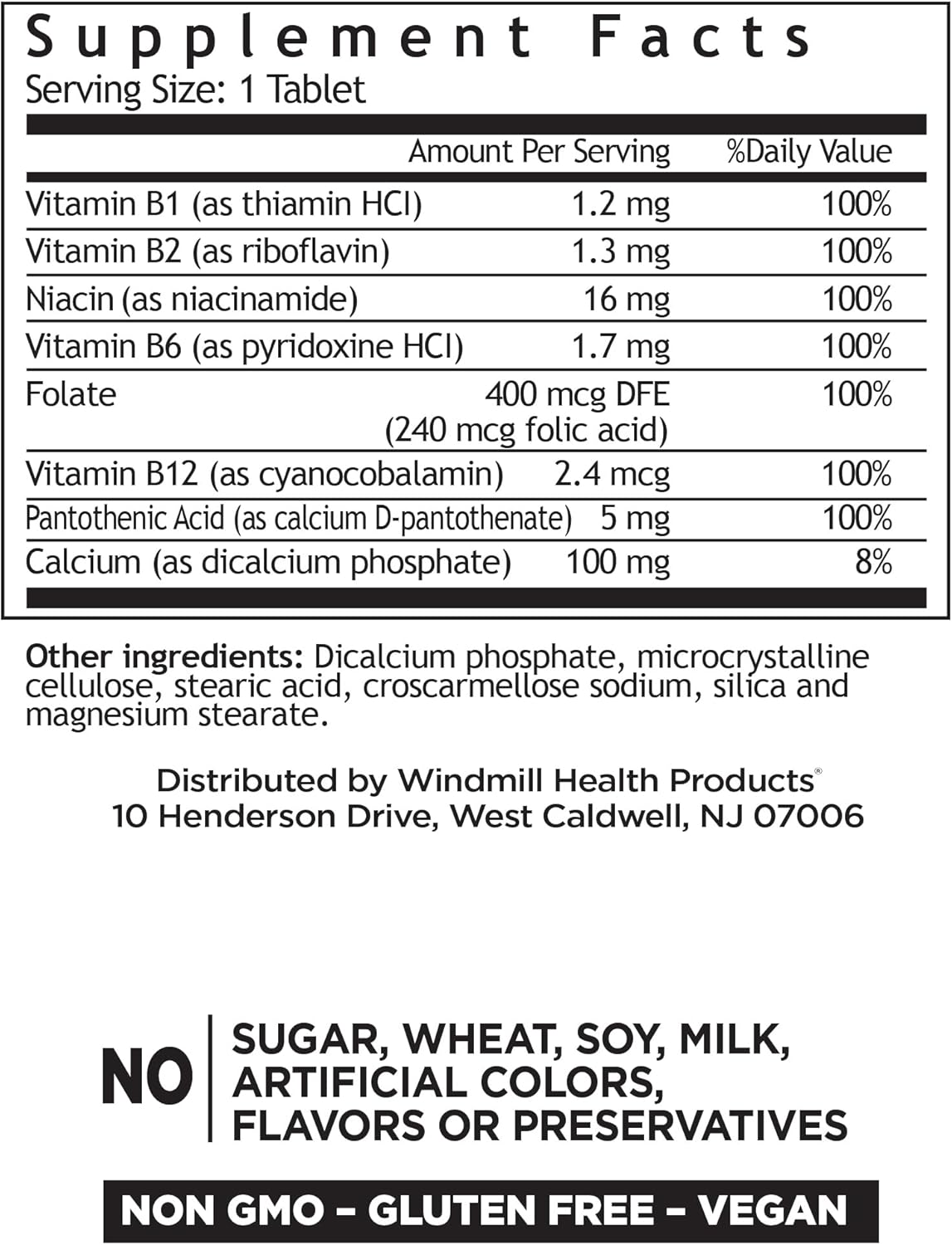 Windmill Natural Vitamins B Complex - 100 Tablets, 100 Servings, Enhance Energy and Metabolism