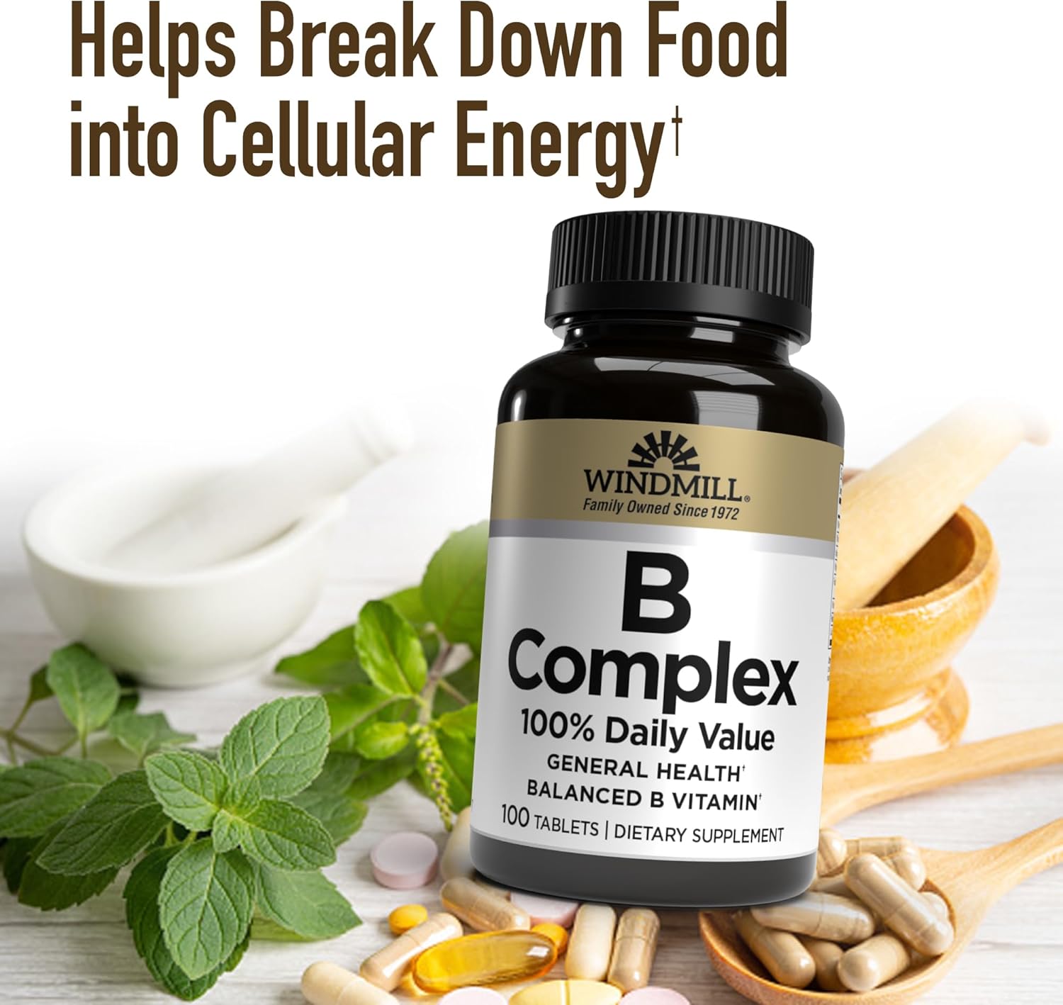 Windmill Natural Vitamins B Complex - 100 Tablets, 100 Servings, Enhance Energy and Metabolism