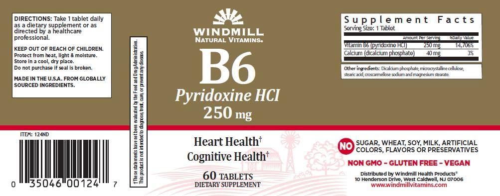 Windmill Vitamin B-6 250mg - Pack of 3, 60 Tablets Each - Health and Beauty