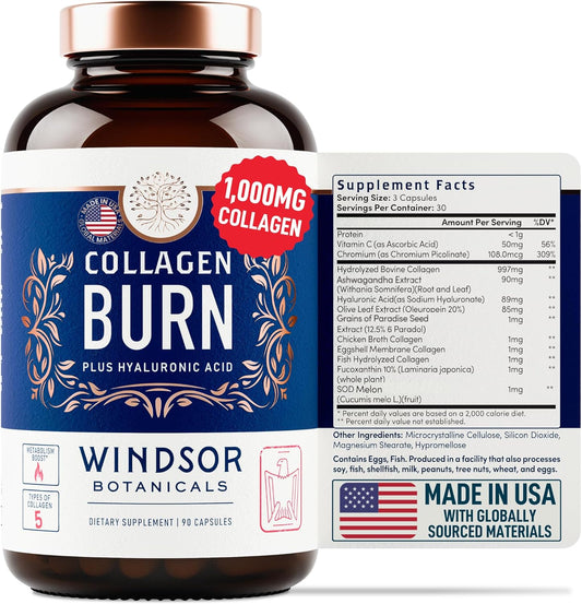 WINDSOR BOTANICALS Collagen Burn Capsules with Hyaluronic Acid - Thermogenic Formula for Women and Men - 90 Pills