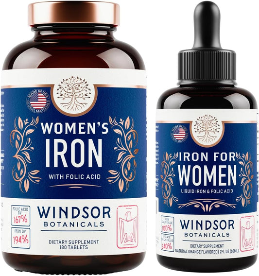 WINDSOR BOTANICALS Iron and Folic Acid Bundle for Women - Anemia and Pregnancy Support with Tablets and Liquid Drops