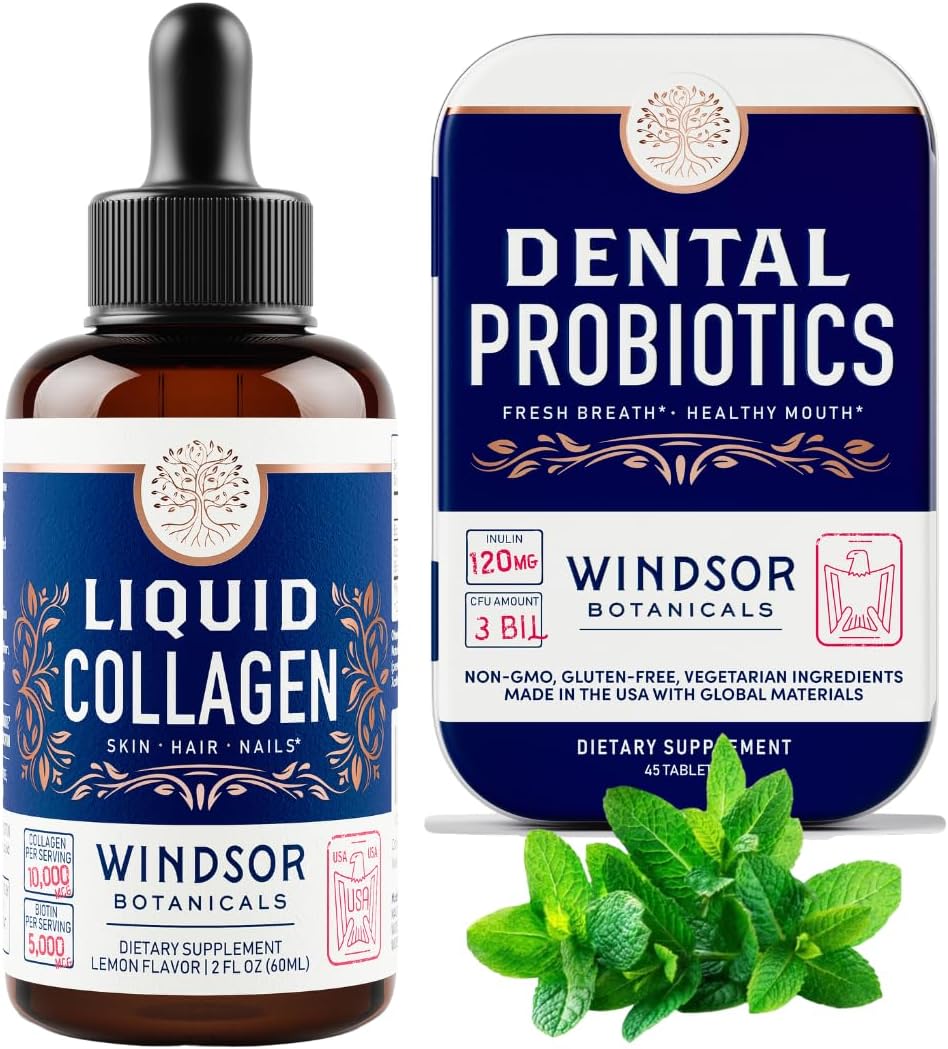 WINDSOR BOTANICALS Liquid Collagen Peptides with Biotin and Dental Probiotics - Oral Care Bundle
