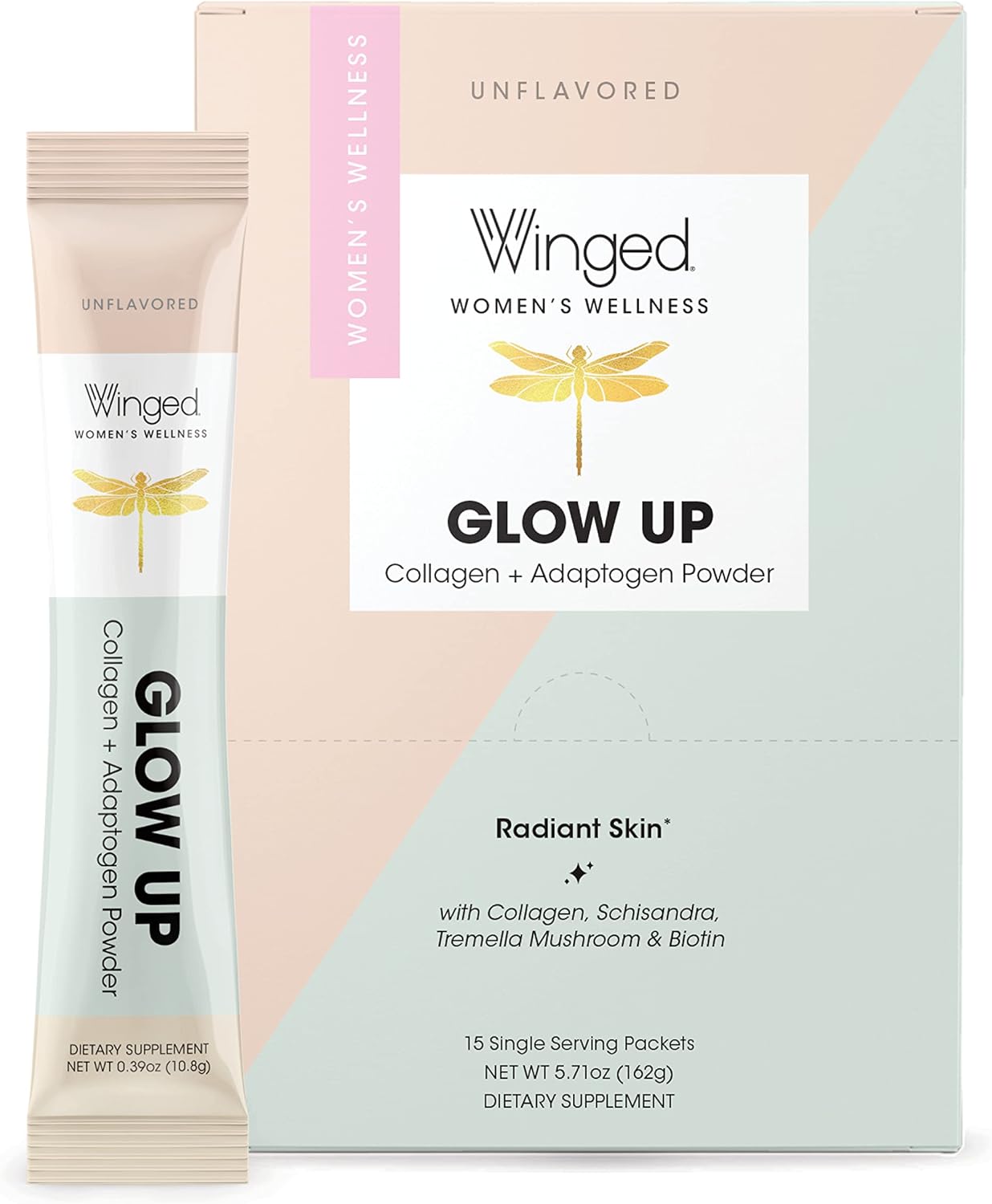 Winged Wellness Glow Up Collagen Powder for Women | Grass Fed Peptides with Schisandra, Snow Mushroom, Vitamin C & Biotin | Unflavored, Non GMO | Better Hair, Skin, Nails