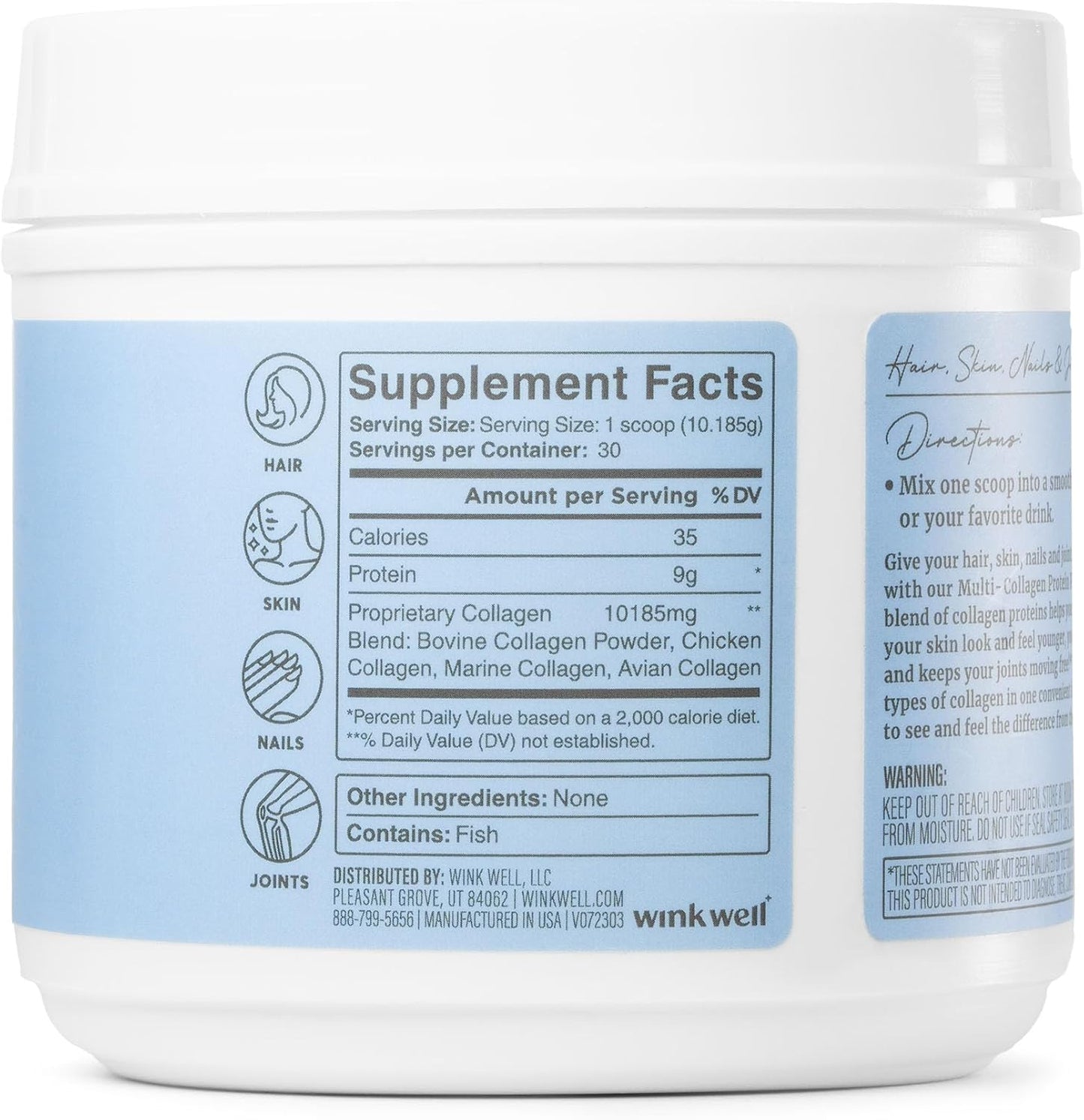 Wink Naturals Multi Collagen Protein Powder - Unflavored Blend for Skin, Hair, Nails, Joints, and Immune Health - Types I, II, III, V, X