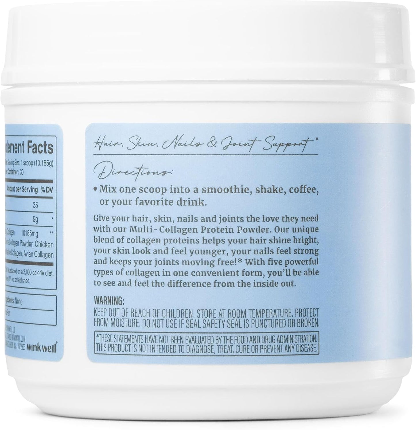 Wink Naturals Multi Collagen Protein Powder - Unflavored Blend for Skin, Hair, Nails, Joints, and Immune Health - Types I, II, III, V, X