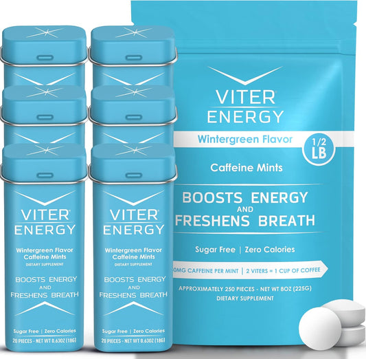 Wintergreen Flavor Caffeine Mints Bundle - 6 Pack + 1/2 Pound Bulk Bag - 40mg Caffeine, B Vitamins, Sugar Free, Vegan - Energy Booster for Focus and Alertness