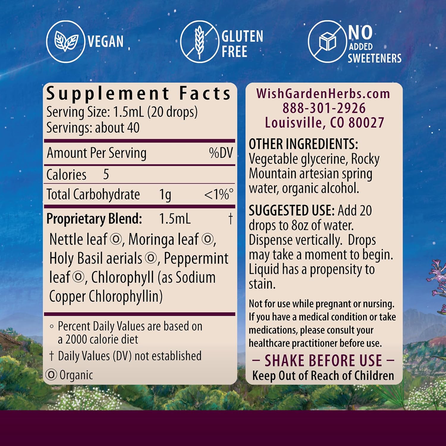 WishGarden Herbs Chlorophyll Liquid Drops with Nettle, Basil, Moringa, & Peppermint for Energy, Immune Support, Stress Relief