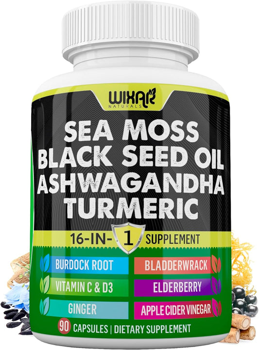 Wixar Naturals Sea Moss Black Seed Oil Ashwagandha Turmeric Bladderwrack Burdock Vitamin C D3 Elderberry Dandelion Yellow Dock Chlorophyll ACV Capsules - 90ct