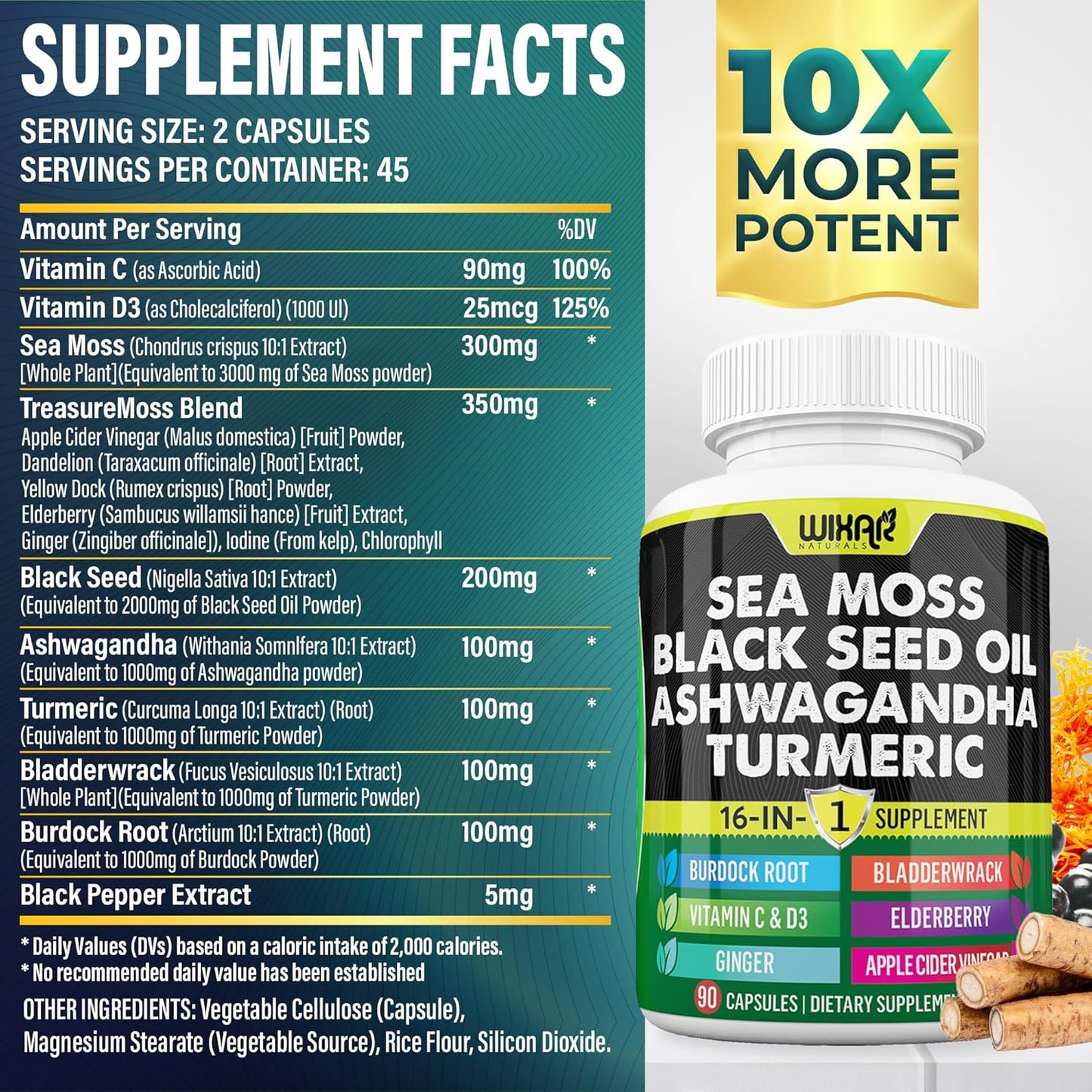 Wixar Naturals Sea Moss Black Seed Oil Ashwagandha Turmeric Bladderwrack Burdock Vitamin C D3 Elderberry Dandelion Yellow Dock Chlorophyll ACV Capsules - 90ct