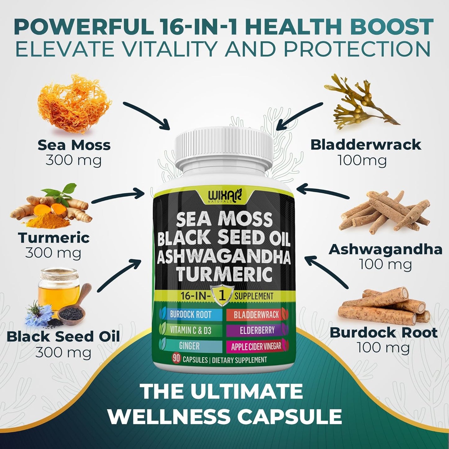 Wixar Naturals Sea Moss Black Seed Oil Ashwagandha Turmeric Bladderwrack Burdock Vitamin C D3 Elderberry Dandelion Yellow Dock Chlorophyll ACV Capsules - 90ct