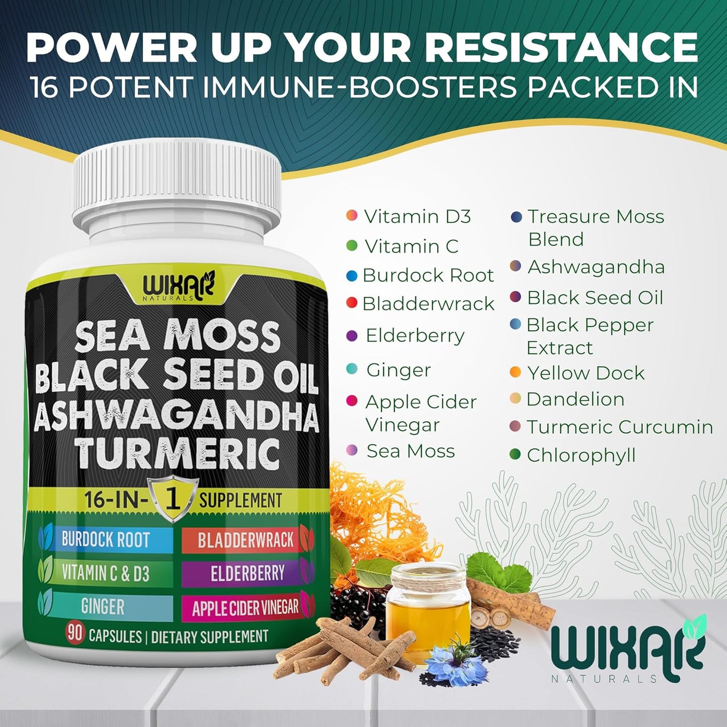 Wixar Naturals Sea Moss Black Seed Oil Ashwagandha Turmeric Bladderwrack Burdock Vitamin C D3 Elderberry Dandelion Yellow Dock Chlorophyll ACV Capsules - 90ct