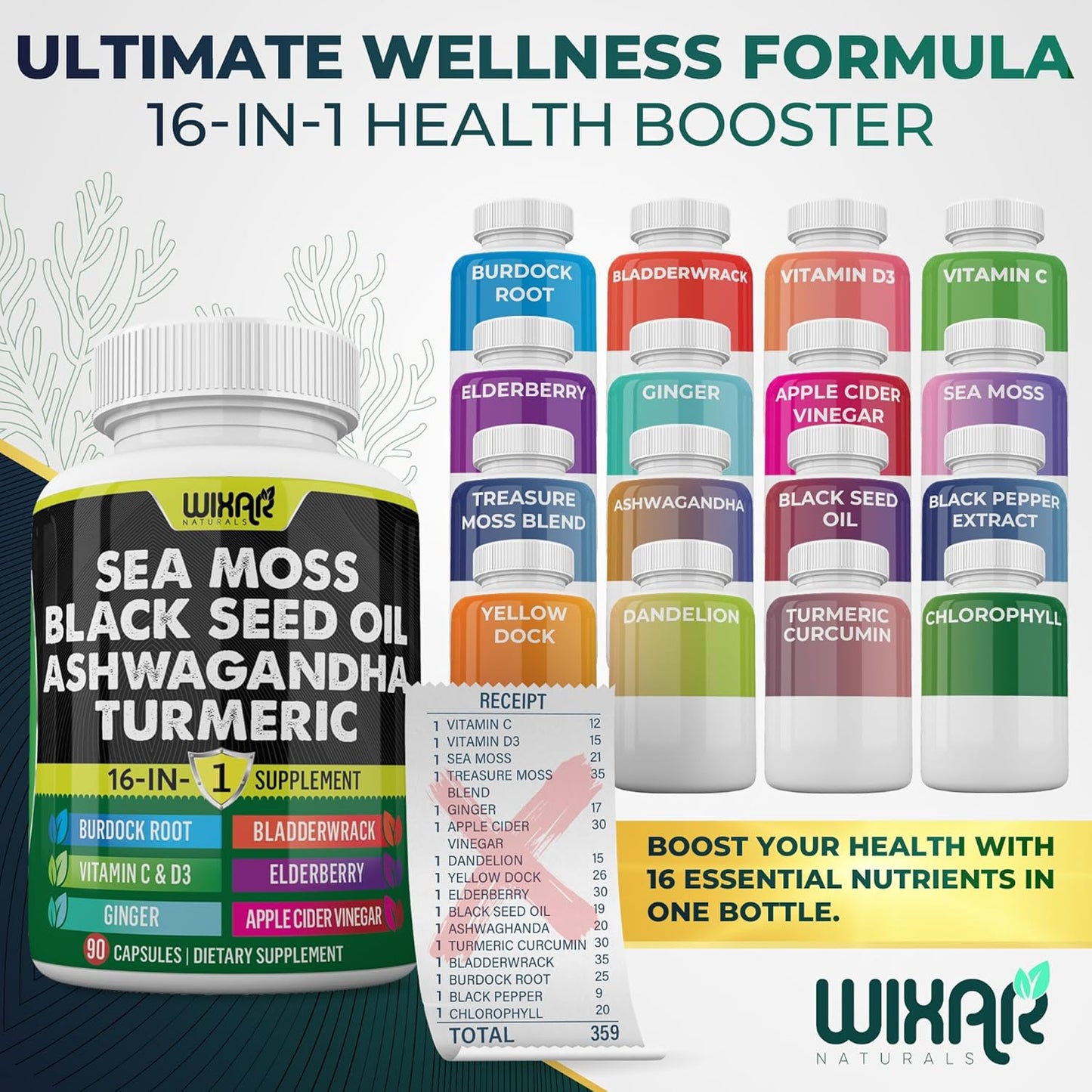 Wixar Naturals Sea Moss Black Seed Oil Ashwagandha Turmeric Bladderwrack Burdock Vitamin C D3 Elderberry Dandelion Yellow Dock Chlorophyll ACV Capsules - 90ct