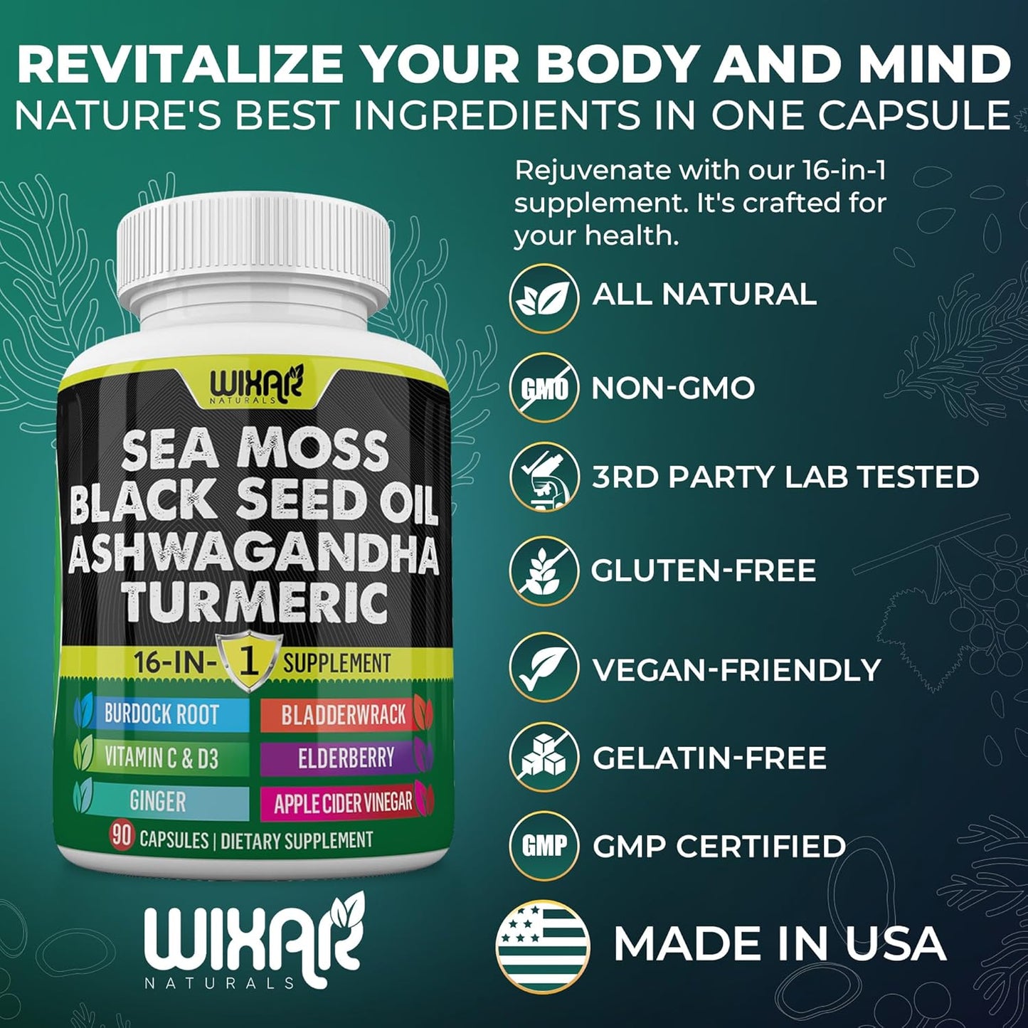 Wixar Naturals Sea Moss Black Seed Oil Ashwagandha Turmeric Bladderwrack Burdock Vitamin C D3 Elderberry Dandelion Yellow Dock Chlorophyll ACV Capsules - 90ct