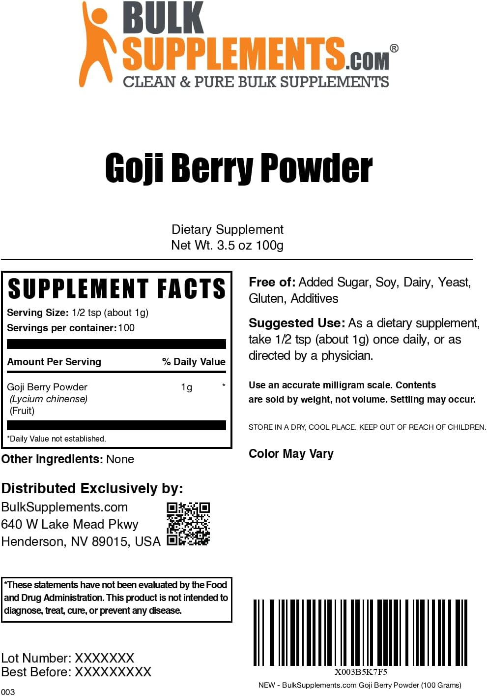 Wolfberry Extract Powder - Pure Goji Berry Supplements, Herbal Supplement, Gluten Free, 1000mg per Serving, 100g (3.5 oz) Powders