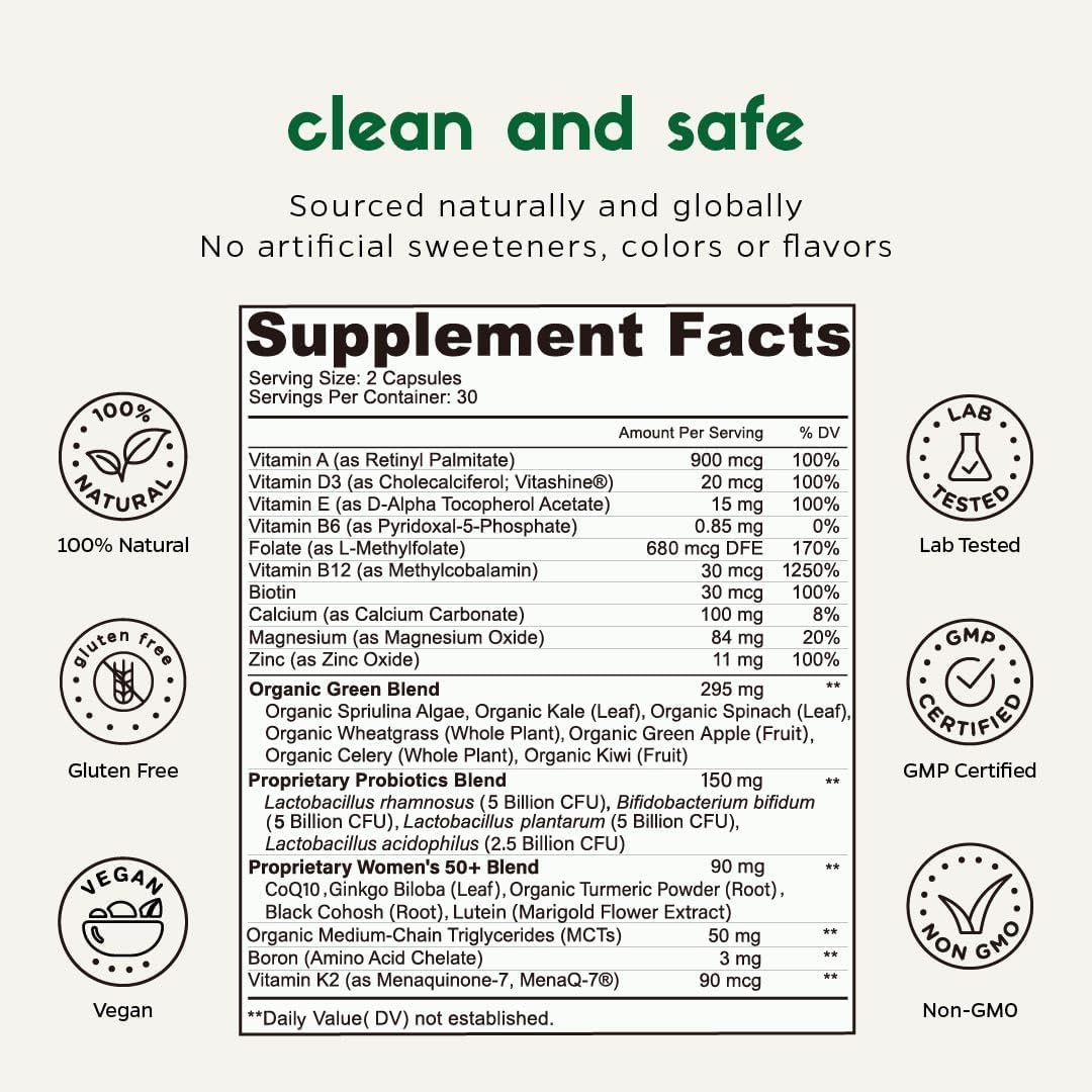 Women's 50+ Multivitamin with PMS Relief, Skin, Hair, Nails, Joint & Bone Support, Heart & Eye Health - Includes Turmeric, Coq10, Ginkgo, Lutein, Black Cohosh, Vitamins B6, B12, D3, K2 - 60 Count