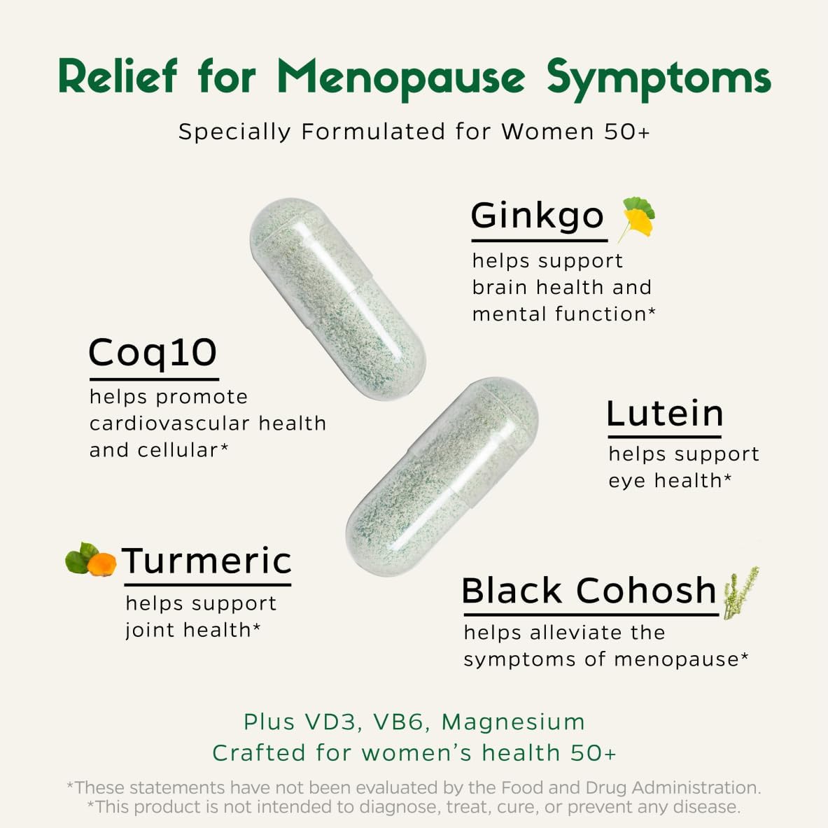 Women's 50+ Multivitamin with PMS Relief, Skin, Hair, Nails, Joint & Bone Support, Heart & Eye Health - Includes Turmeric, Coq10, Ginkgo, Lutein, Black Cohosh, Vitamins B6, B12, D3, K2 - 60 Count