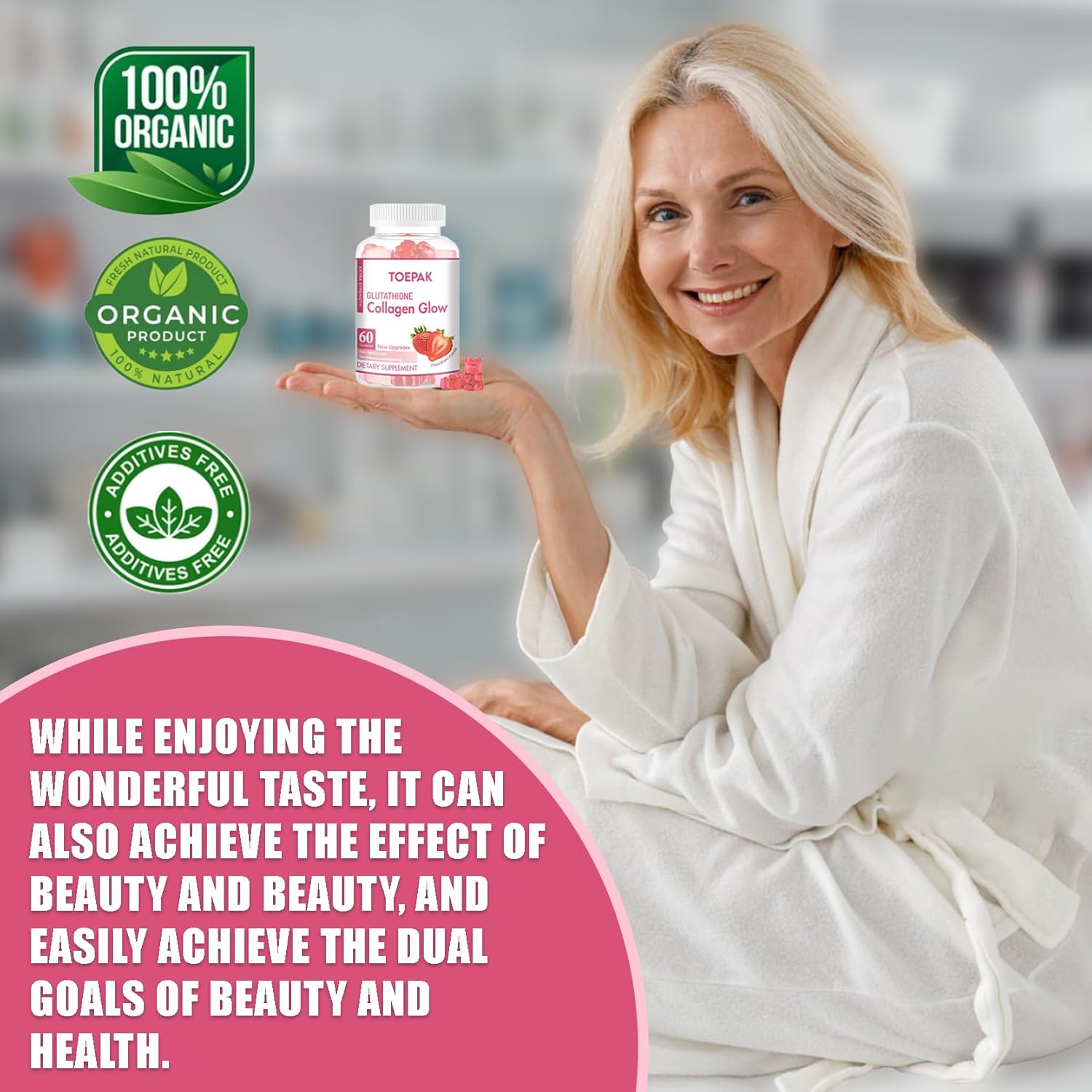 Women's Anti-Aging Collagen Gummies with Glutathione & Biotin for Skin & Hair Health - 180 Strawberry Gummies