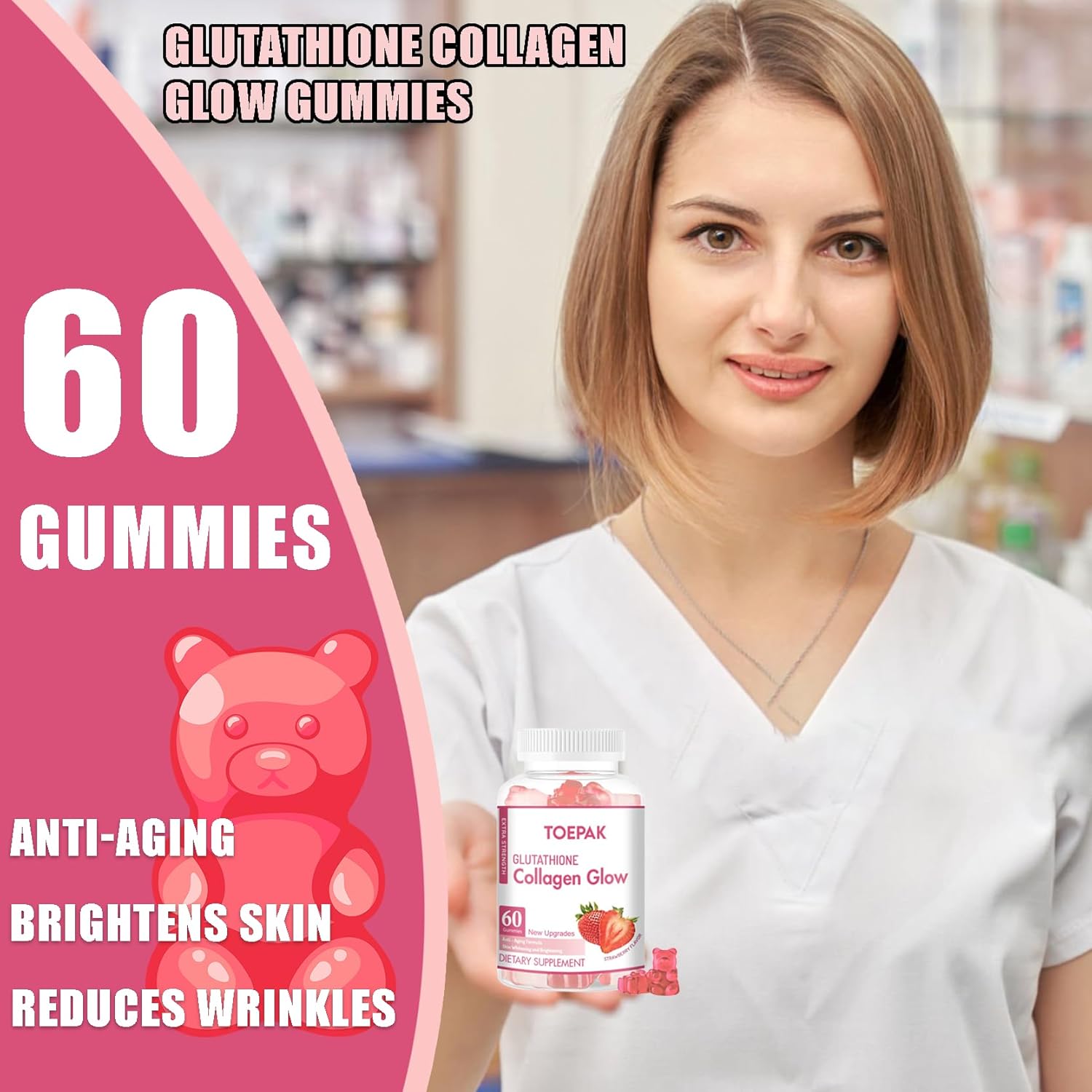 Women's Anti-Aging Collagen Gummies with Glutathione & Biotin for Skin & Hair Health - 180 Strawberry Gummies