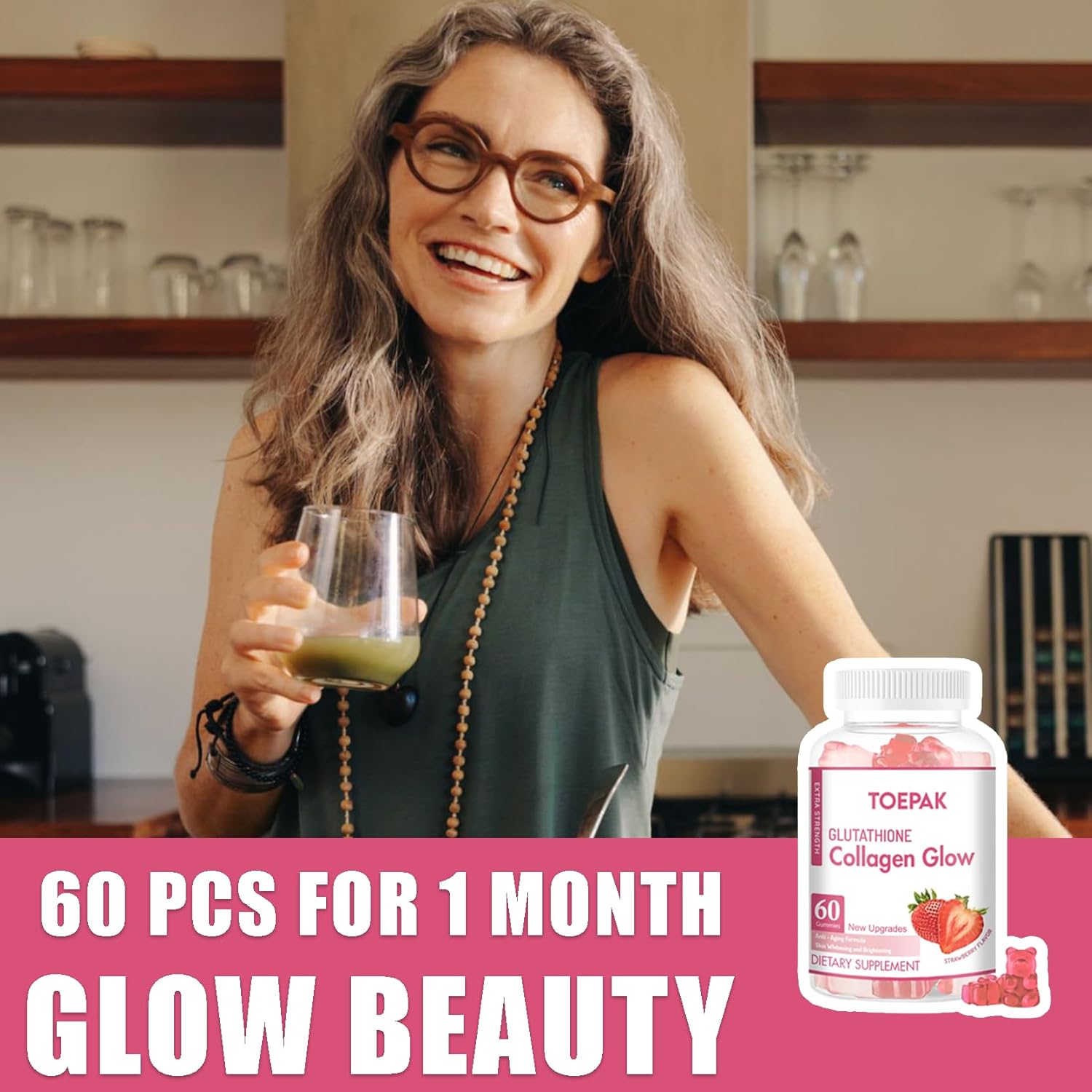 Women's Anti-Aging Collagen Gummies with Glutathione & Biotin for Skin & Hair Health - 180 Strawberry Gummies