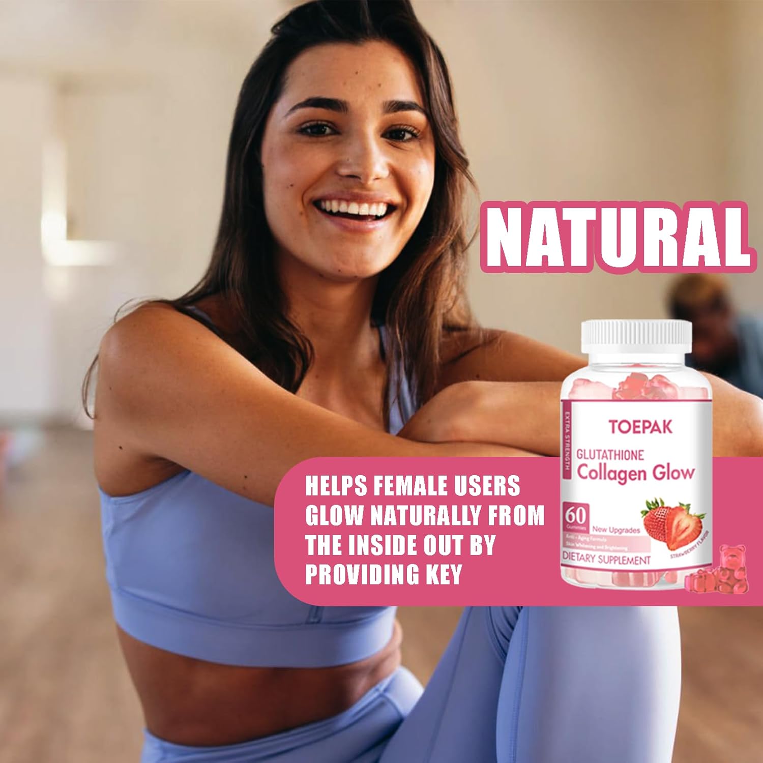 Women's Anti-Aging Collagen Gummies with Glutathione & Biotin for Skin & Hair Health - 180 Strawberry Gummies