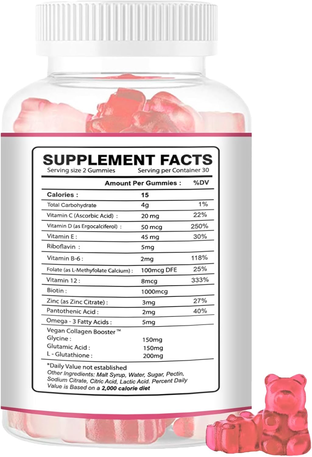 Women's Anti-Aging Collagen Gummies with Glutathione & Biotin for Skin & Hair Health - 180 Strawberry Gummies