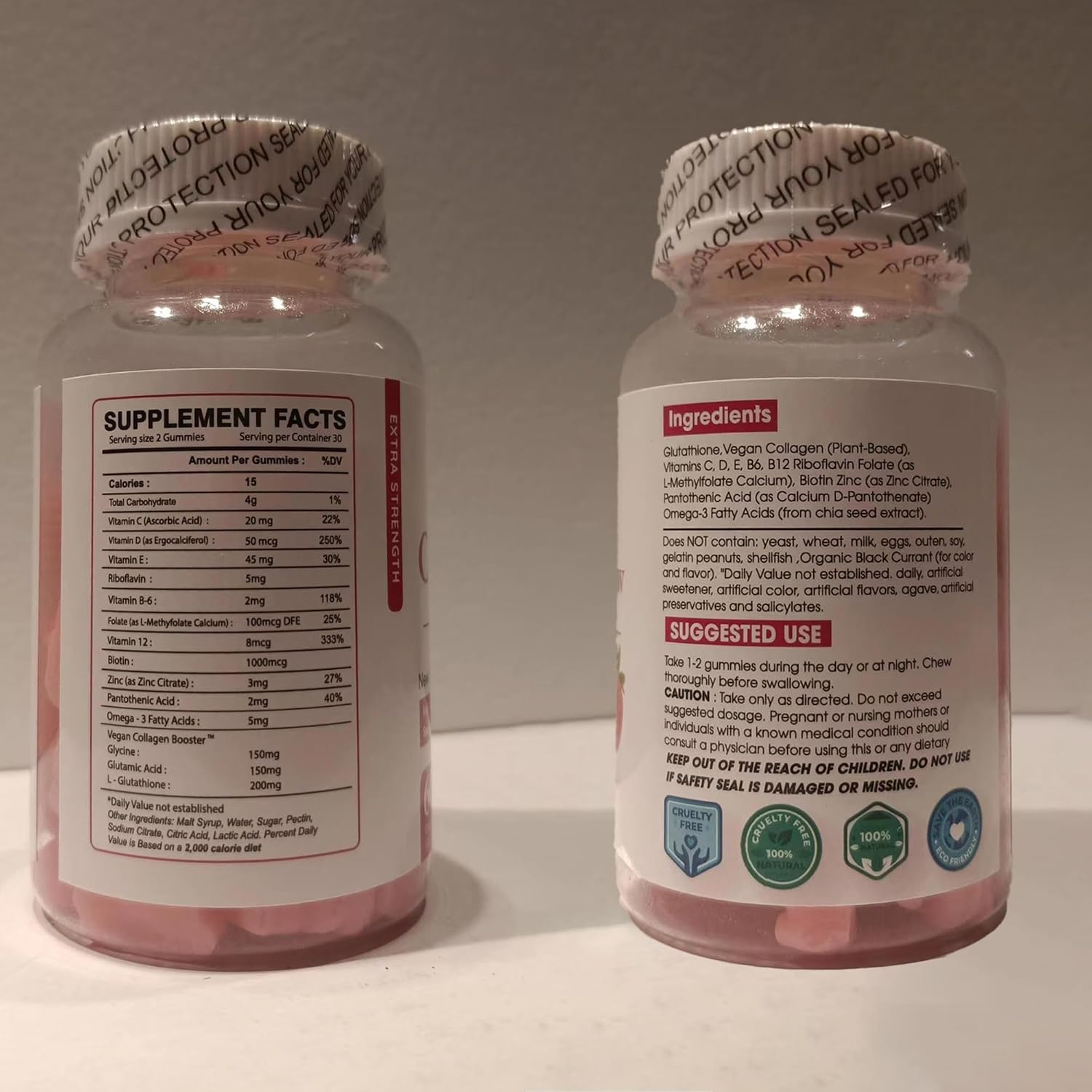 Women's Anti-Aging Collagen Gummies with Glutathione & Biotin for Skin & Hair Health - 180 Strawberry Gummies