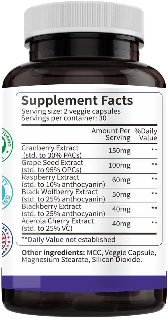 Women's Antioxidant Supplement for Urinary Tract & Immune Health - Cranberry, Grape Seed, Raspberry, Goji, BlackBerry, Acerola Cherry - 60 Capsules