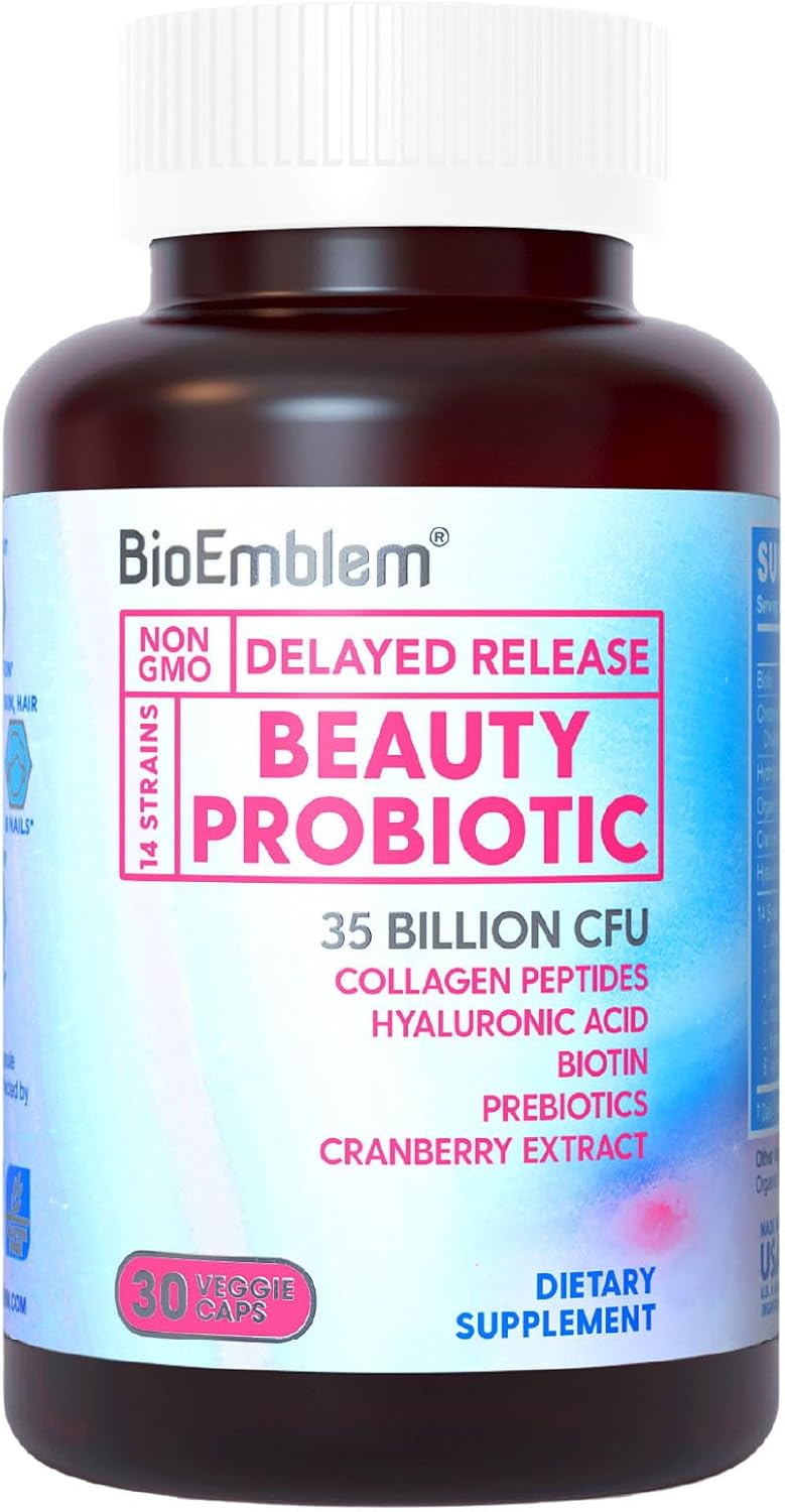 Women's Beauty Probiotics Supplement with 35 Billion CFU, 14 Strains, Biotin, Collagen, Prebiotics - Digestive Health, Hair, Skin, Nails, Vaginal Support - 30 Capsules, Shelf Stable