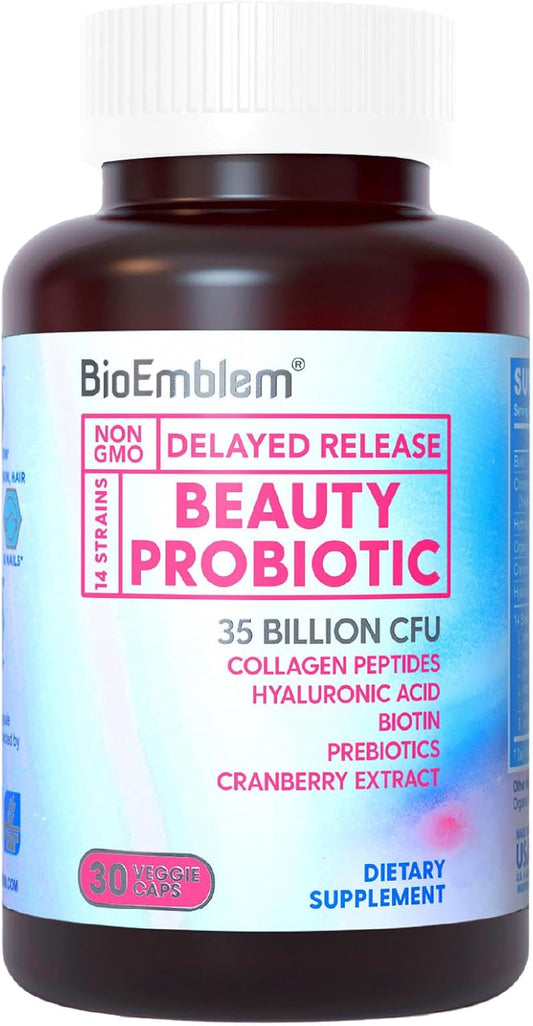 Women's Beauty Probiotics Supplement with 35 Billion CFU, 14 Strains, Biotin, Collagen, Prebiotics - Digestive Health, Hair, Skin, Nails, Vaginal Support - 30 Capsules, Shelf Stable