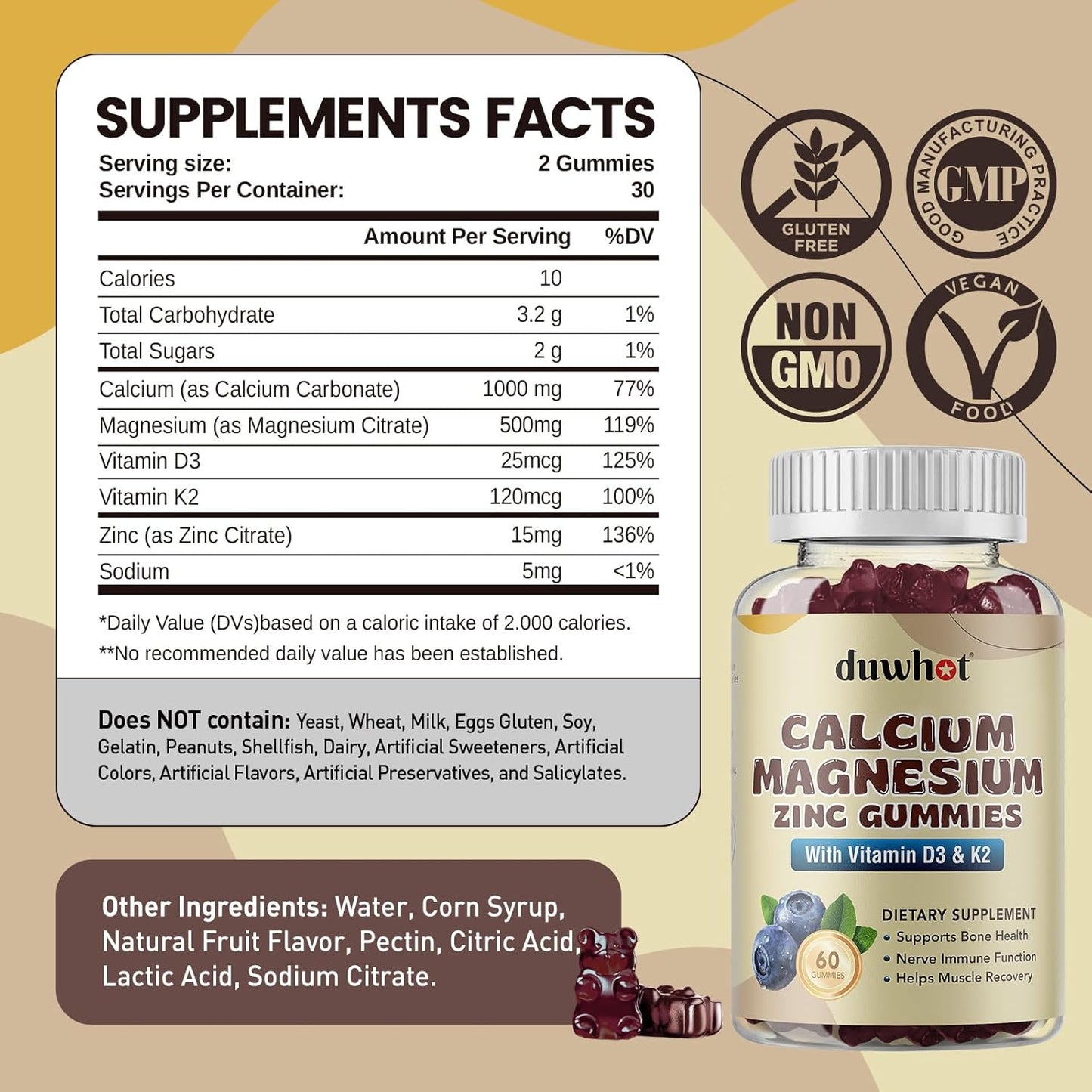 Women's Calcium Magnesium Zinc Gummies with Vitamin D3 & K2 - 1000mg Chewable Supplement for Bone Health, Muscle Function, & Immune Support - Blueberry Flavor - 120 Count