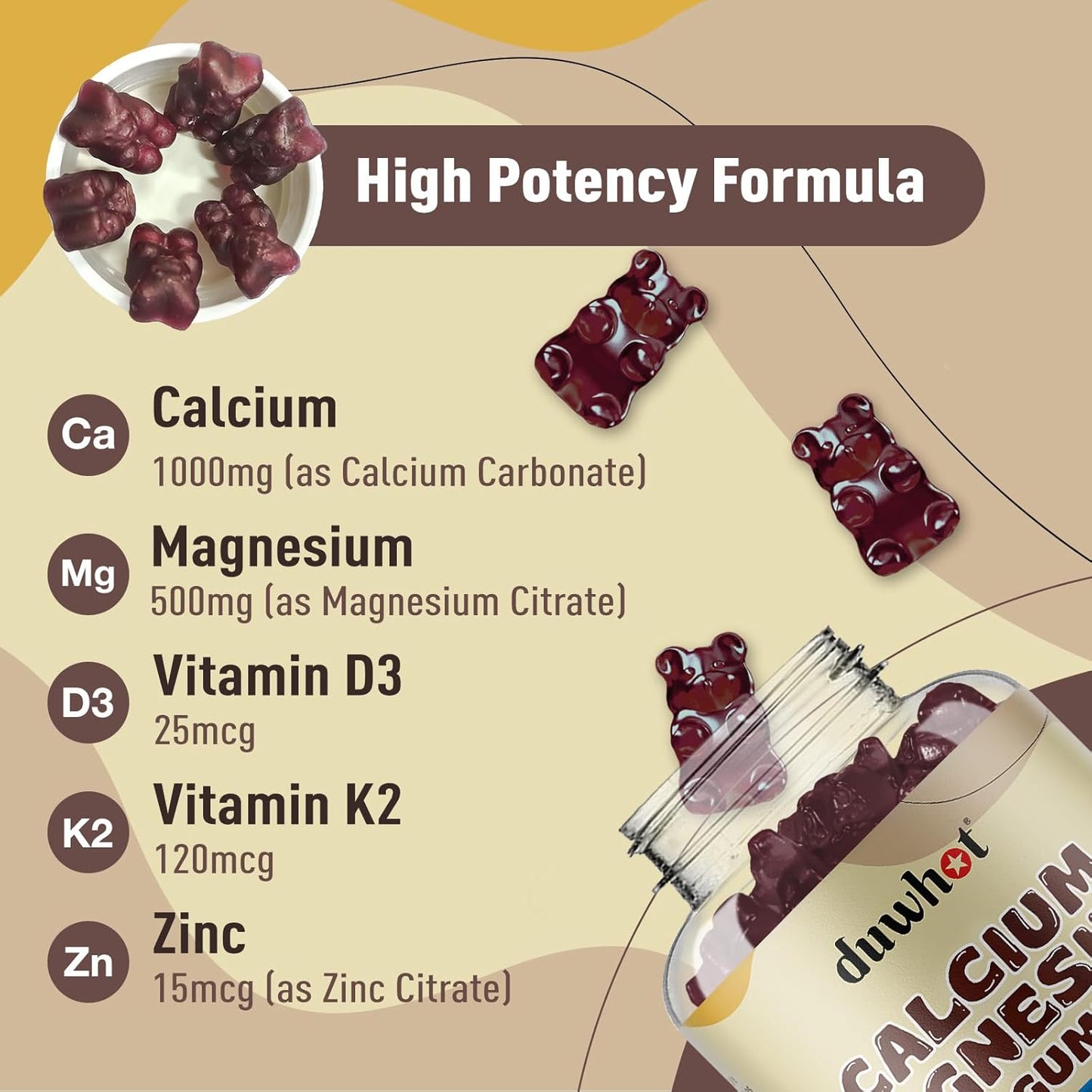 Women's Calcium Magnesium Zinc Gummies with Vitamin D3 & K2 - 1000mg Chewable Supplement for Bone Health, Muscle Function, & Immune Support - Blueberry Flavor - 120 Count
