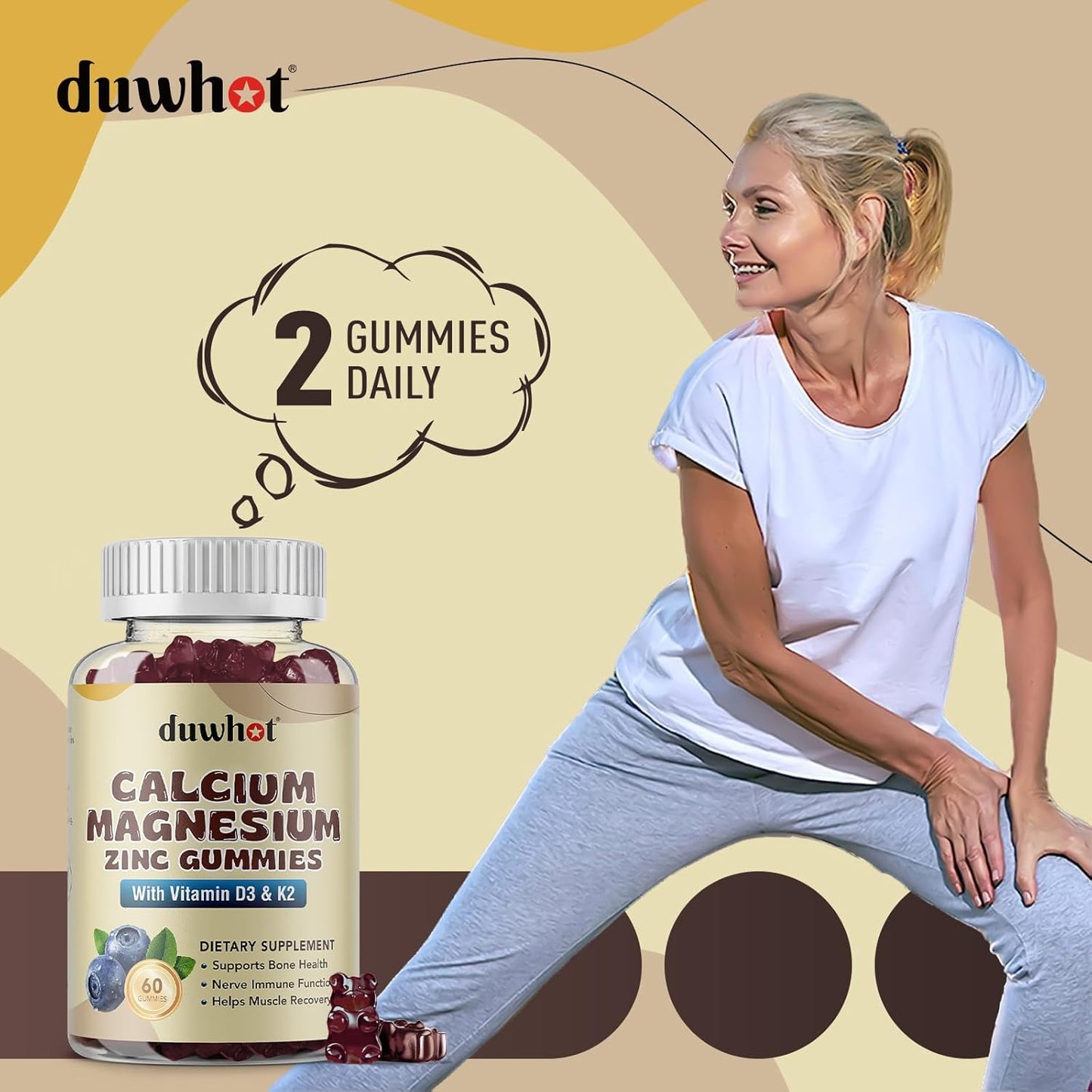 Women's Calcium Magnesium Zinc Gummies with Vitamin D3 & K2 - 1000mg Chewable Supplement for Bone Health, Muscle Function, & Immune Support - Blueberry Flavor - 120 Count