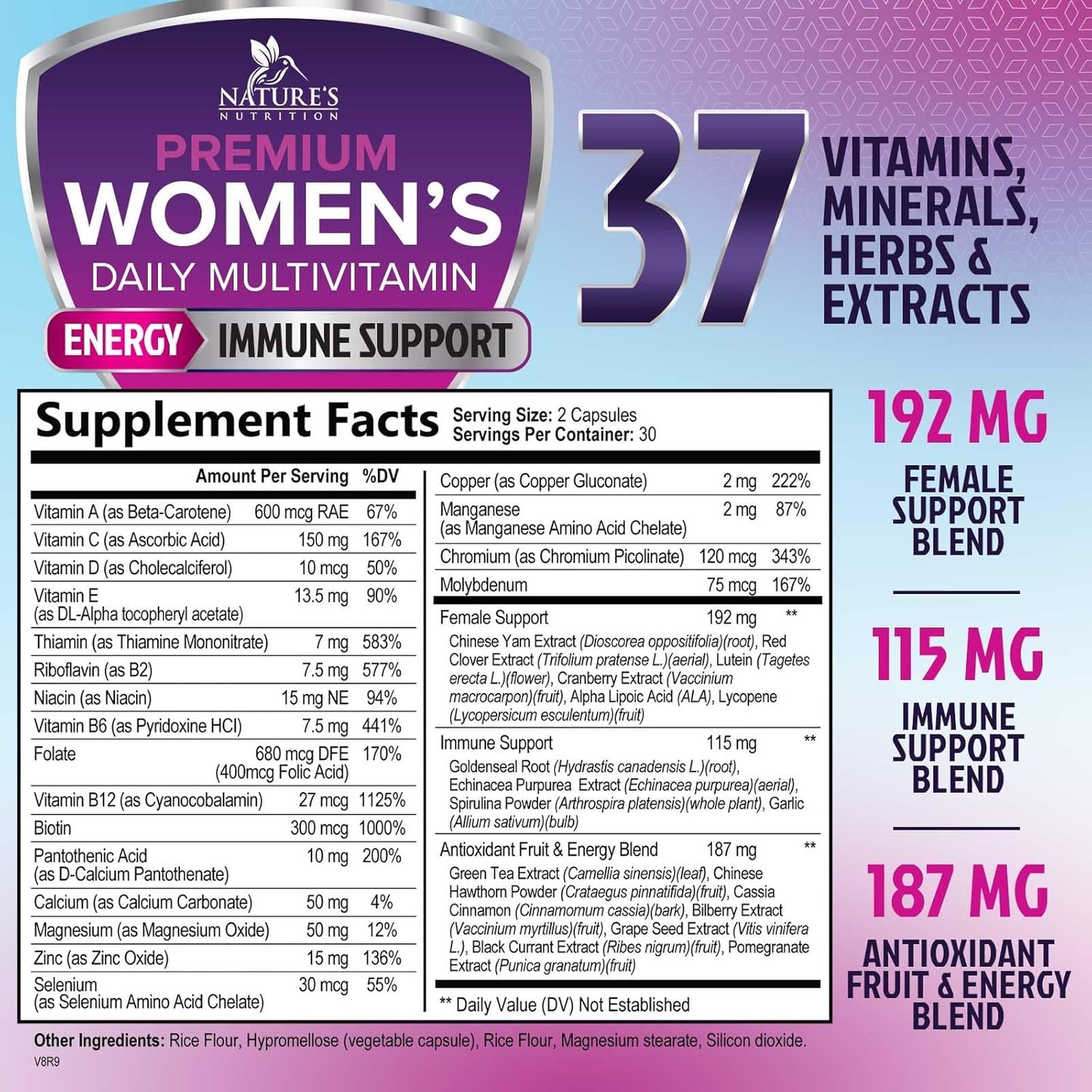 Women's Daily Multivitamin with Vitamins A, C, D, E, B6, B12, Zinc, Calcium, Magnesium - Energy & Immune Support - Non-GMO, Gluten Free - 60 Capsules
