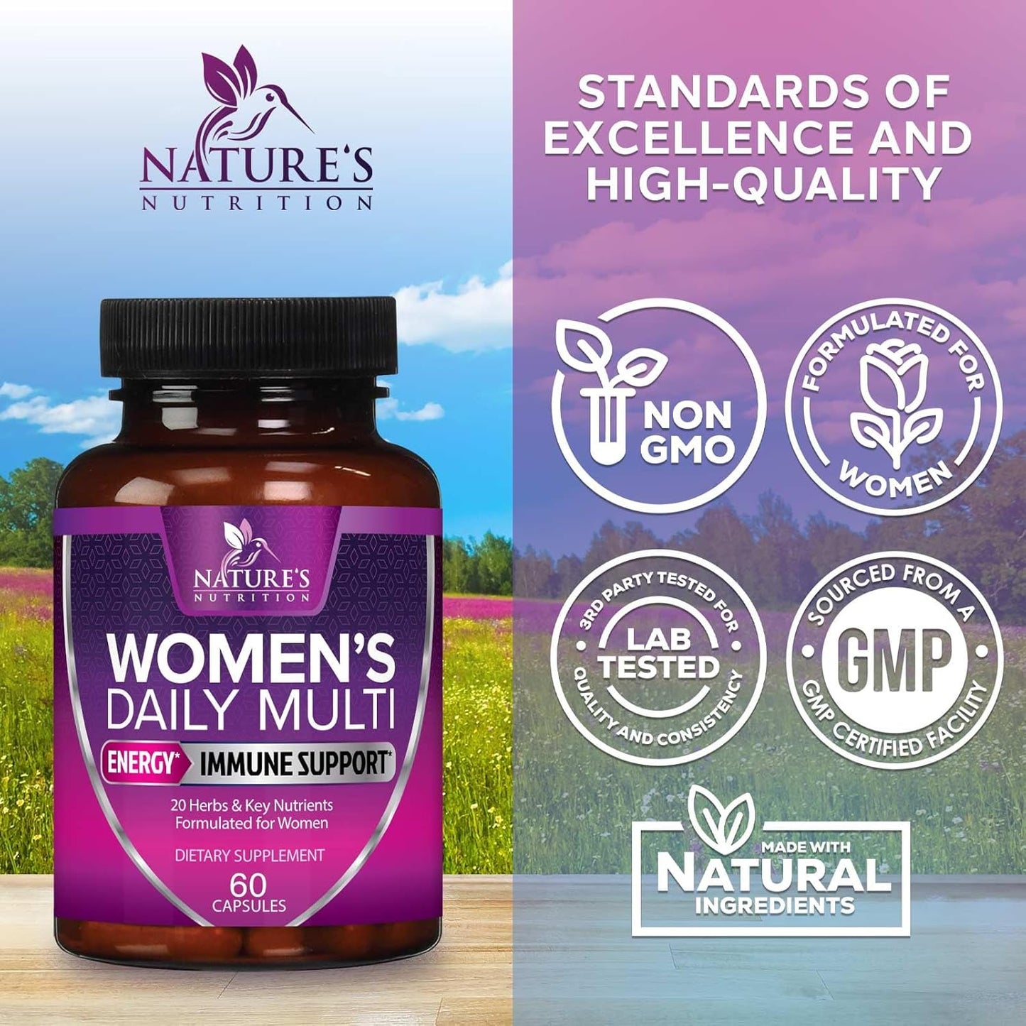 Women's Daily Multivitamin with Vitamins A, C, D, E, B6, B12, Zinc, Calcium, Magnesium - Energy & Immune Support - Non-GMO, Gluten Free - 60 Capsules