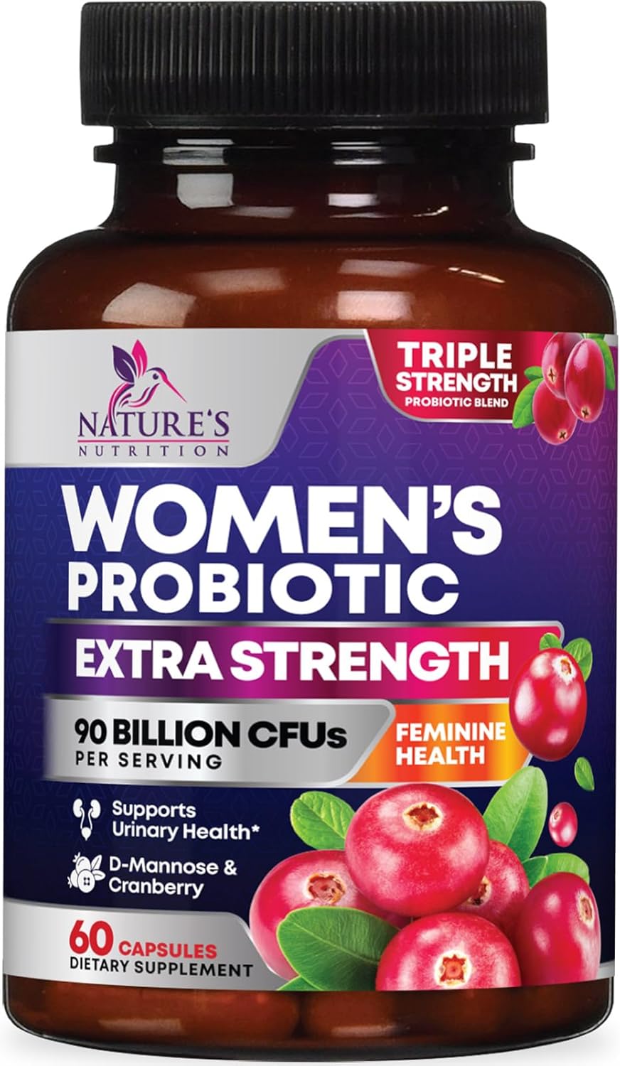 Women's Daily Probiotic Supplement - 90 Billion CFU Vaginal Probiotics with Prebiotics, 16 Strains, Cranberry Extract - Digestive, UT, & Feminine Health Support - 60 Capsules