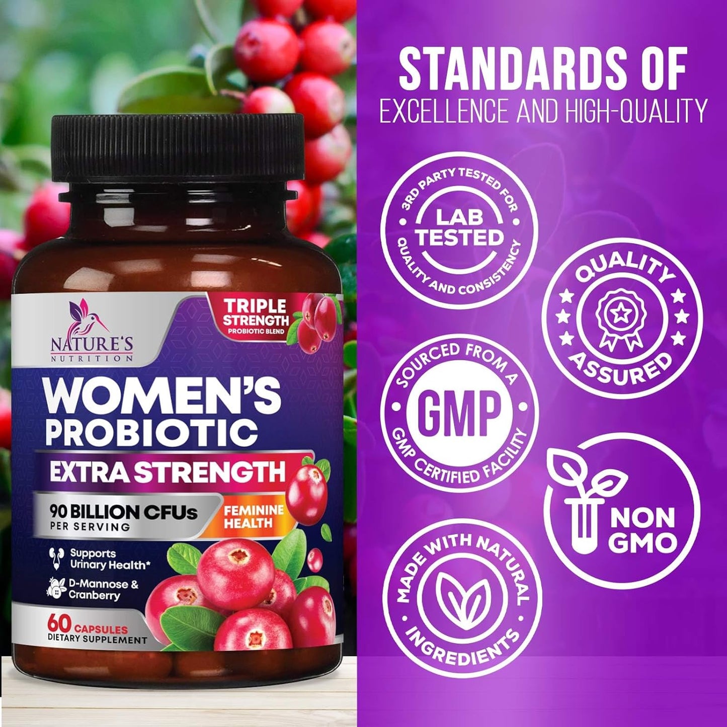 Women's Daily Probiotic Supplement - 90 Billion CFU Vaginal Probiotics with Prebiotics, 16 Strains, Cranberry Extract - Digestive, UT, & Feminine Health Support - 60 Capsules