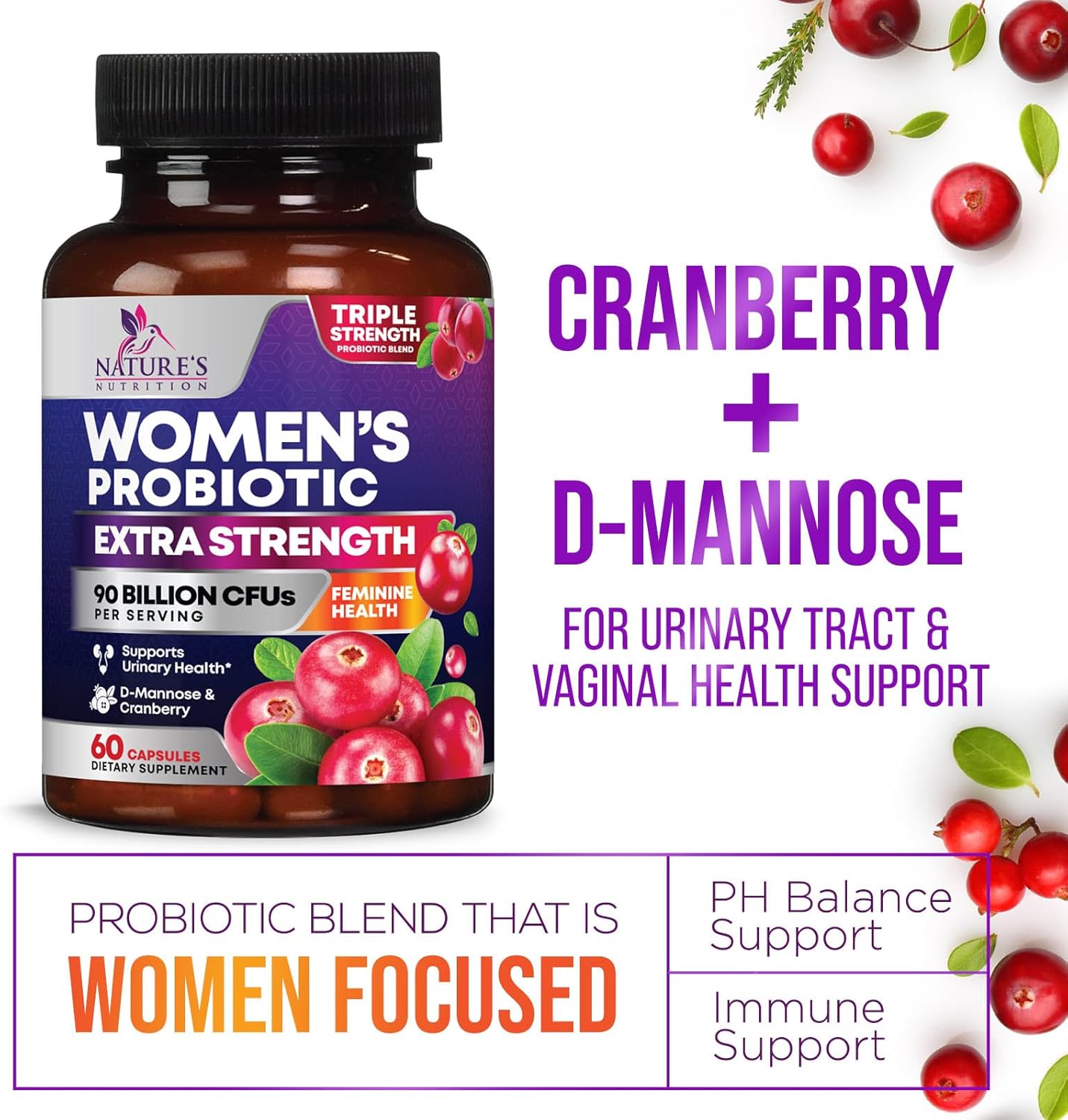 Women's Daily Probiotic Supplement - 90 Billion CFU Vaginal Probiotics with Prebiotics, 16 Strains, Cranberry Extract - Digestive, UT, & Feminine Health Support - 60 Capsules