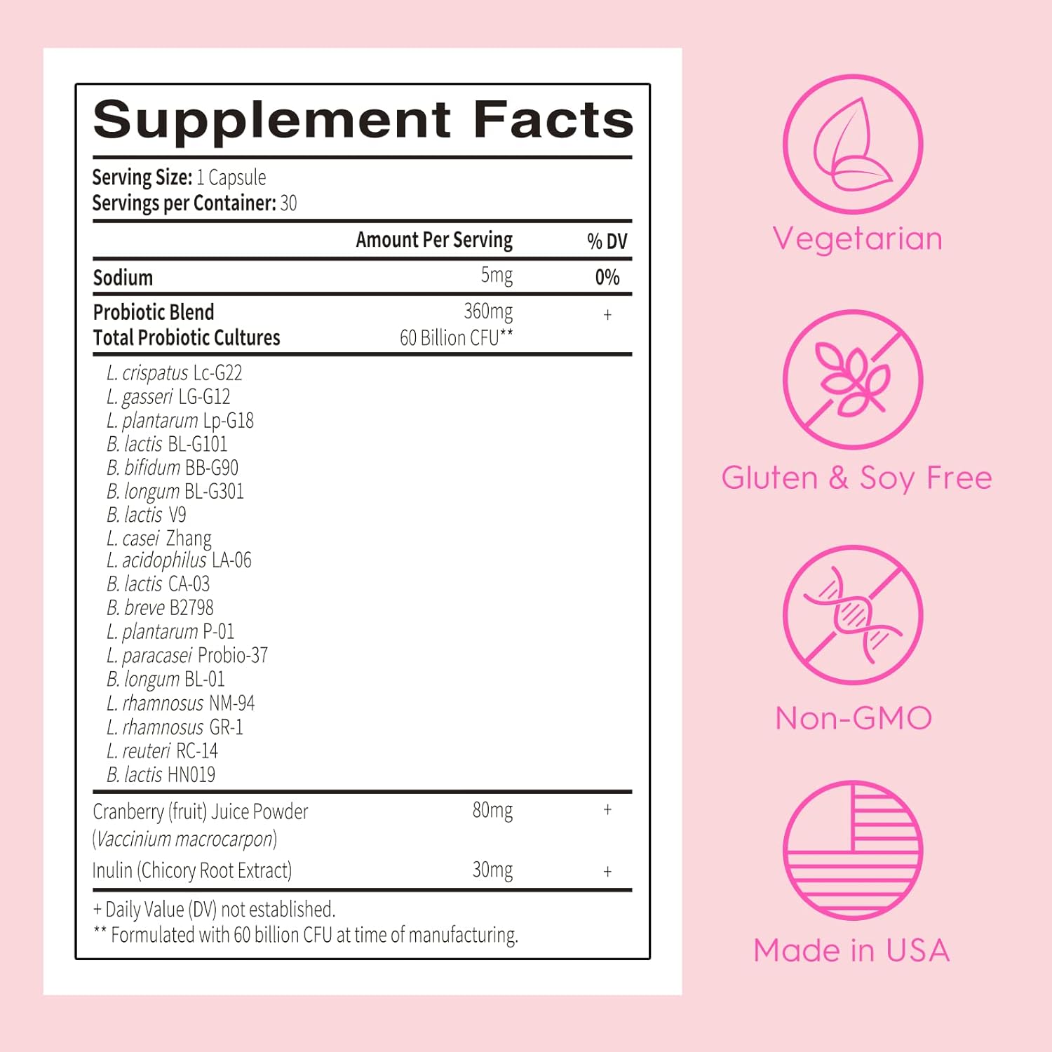 Women's Daily Probiotic with Prebiotics, Cranberry & 18 Strains - 60 Billion CFU for Digestive, Vaginal, & UTI Health - Non-GMO - 30ct