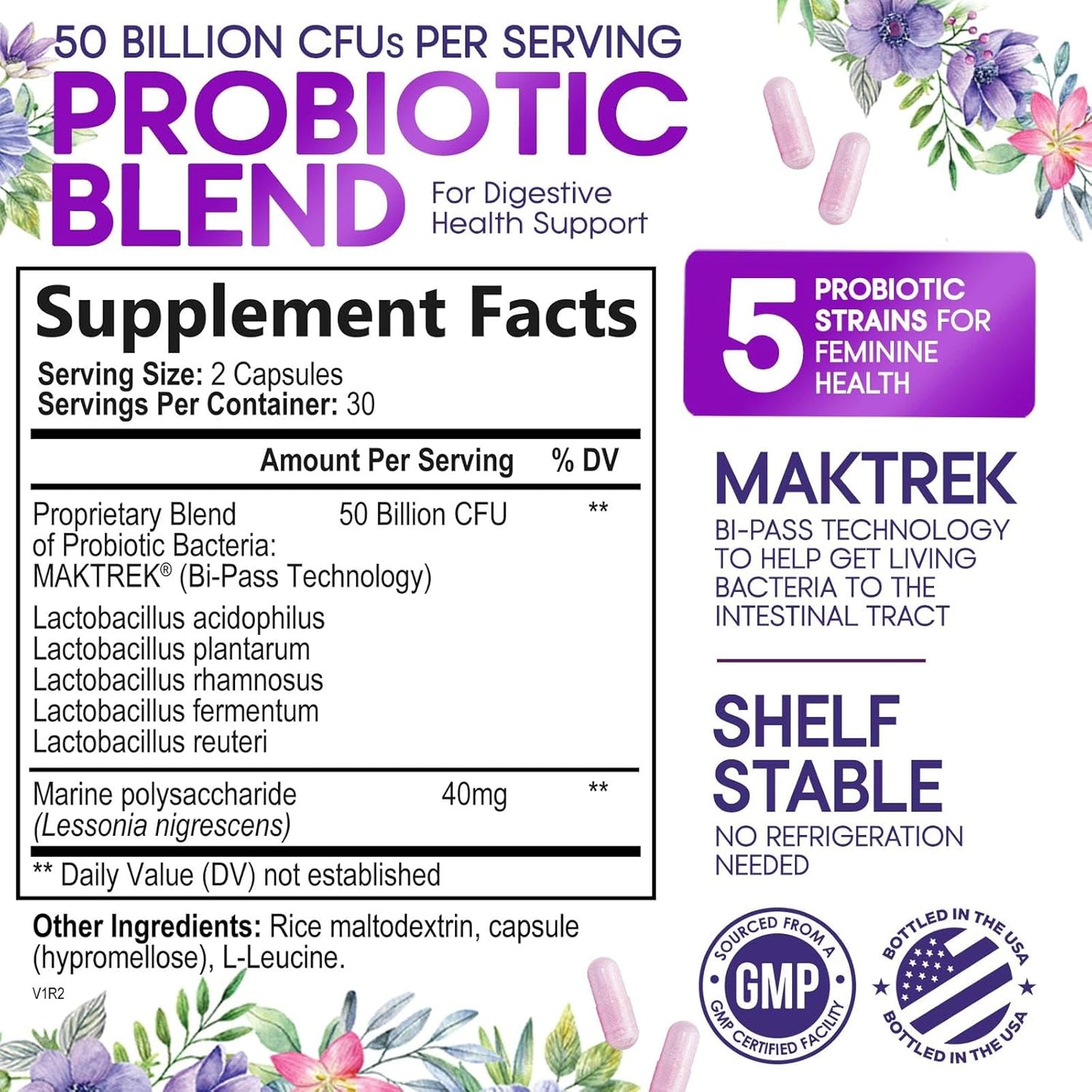 Women's Digestive Health Probiotic Supplement - 50 Billion CFU for Vaginal pH, Gut & Immune Support - 60 Capsules