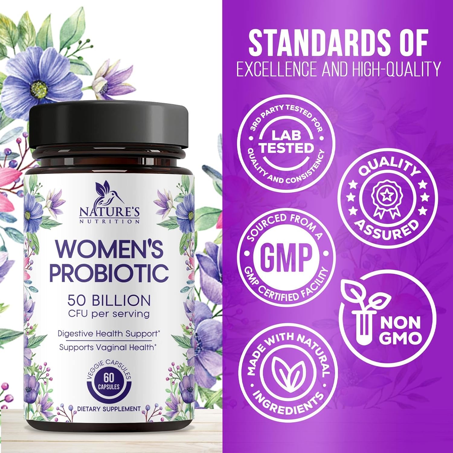 Women's Digestive Health Probiotic Supplement - 50 Billion CFU for Vaginal pH, Gut & Immune Support - 60 Capsules