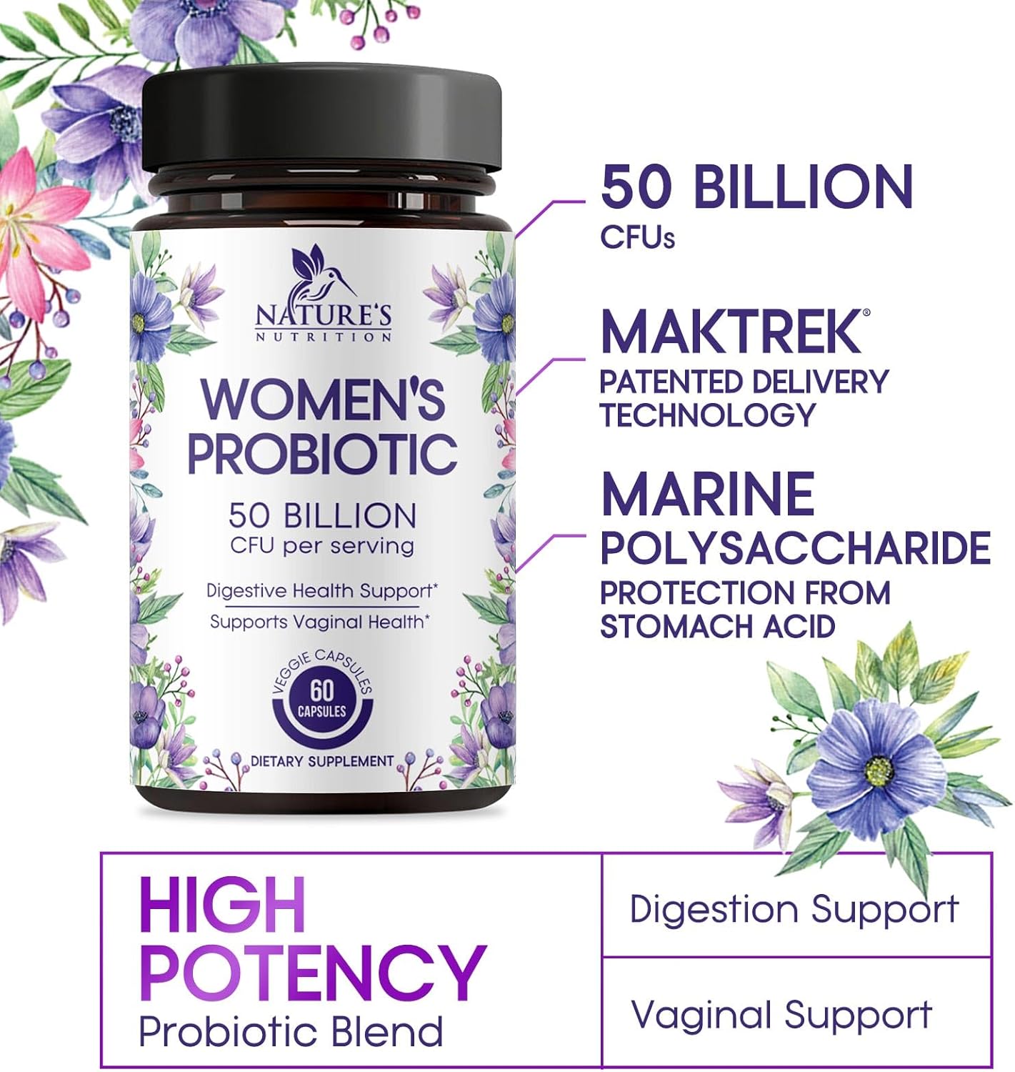 Women's Digestive Health Probiotic Supplement - 50 Billion CFU for Vaginal pH, Gut & Immune Support - 60 Capsules
